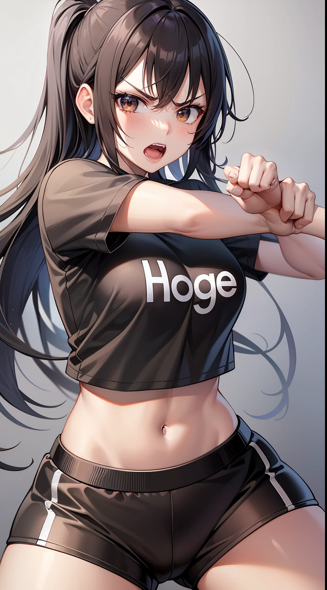 Young girl, long black hair, brown eyes, t-shirt, sports shorts, angry, fighting stance, masterpiece, high quality
