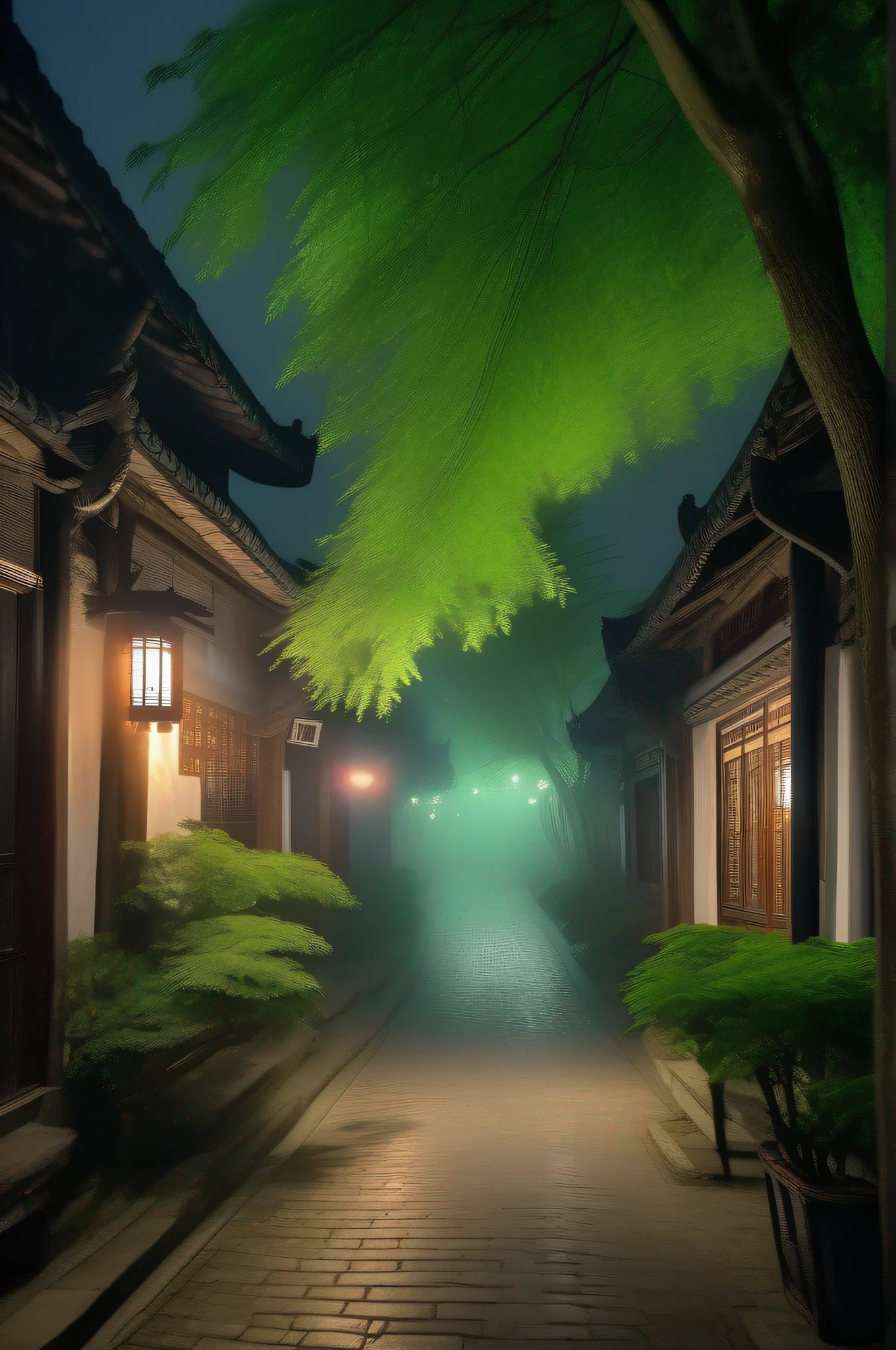 In the evening, the streets of Jiangnan Ancient Town are green, foggy, ultra-high-definition 8K, high-definition, urea-formaldehyde