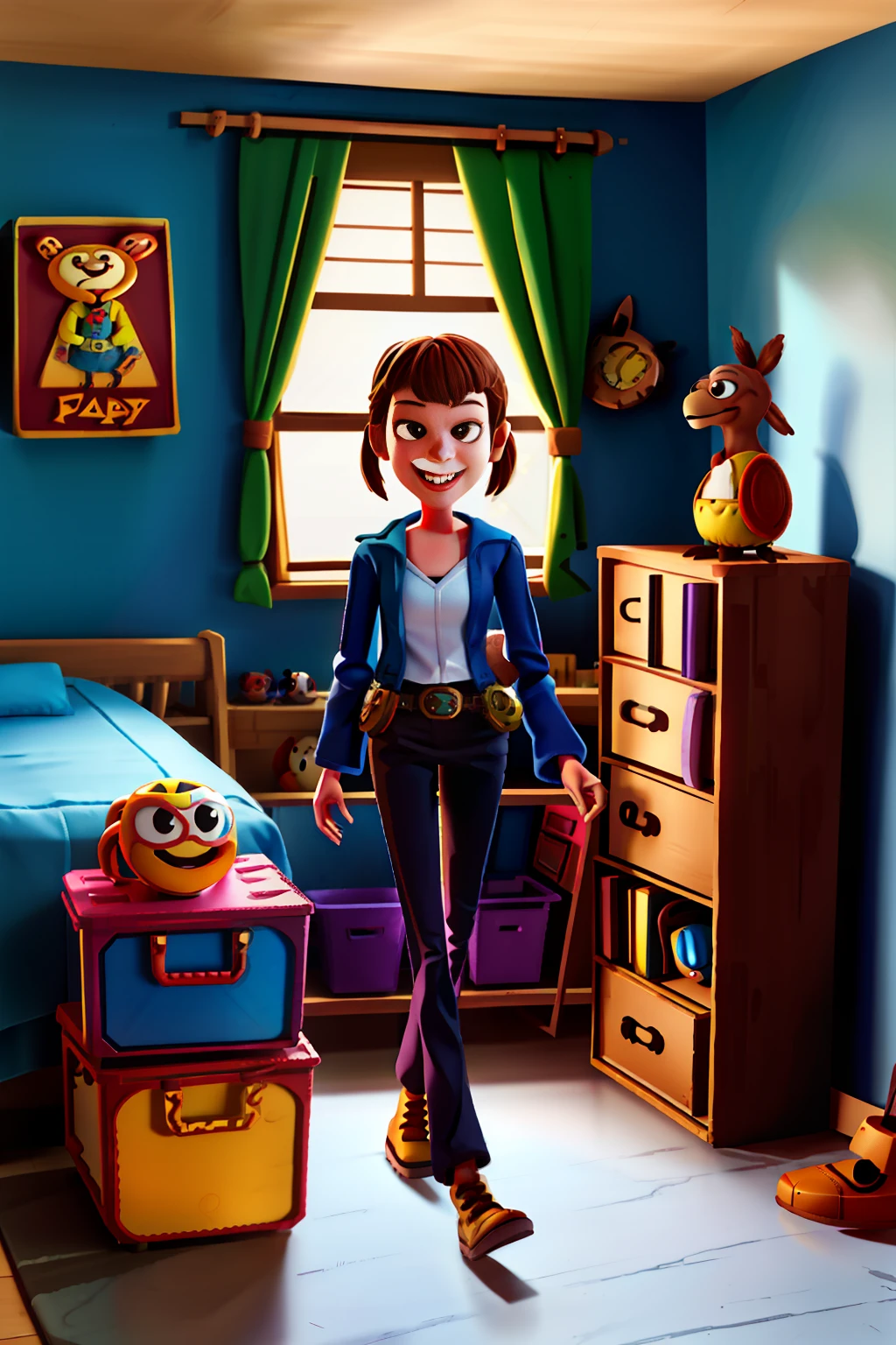 woman coming out of the toy box, Disney Pixar-style face, steampunk costumes, 8-year-old boy's bedroom set.