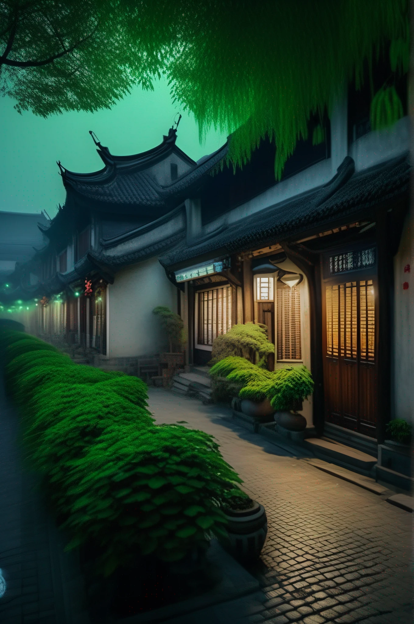 In the evening, the streets of Jiangnan Ancient Town are green, foggy, ultra-high-definition 8K, high-definition, urea-formaldehyde