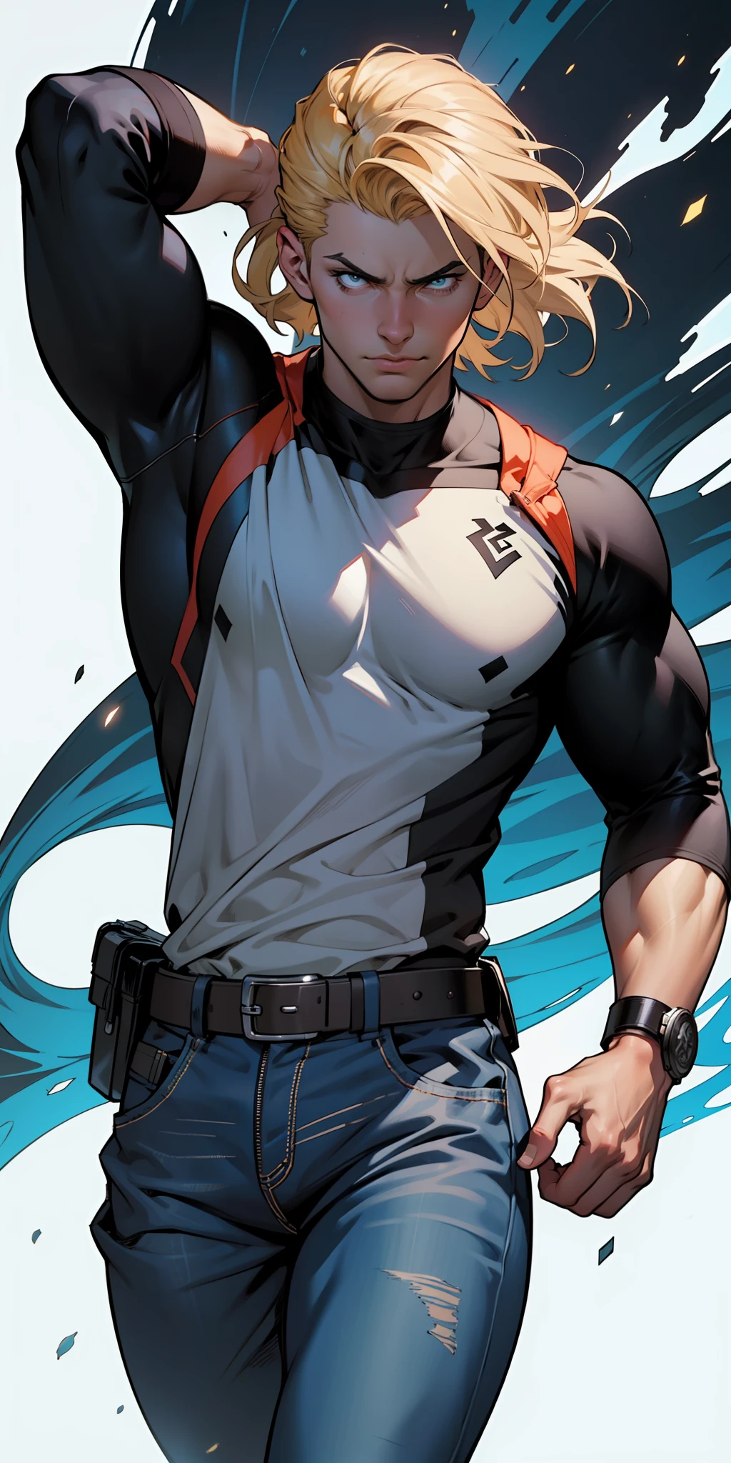 ::based on dc comix's warworld illustration, by brandon peterson e will conrad:: ::based on dc comix's warworld illustration, by marc silvestri:: powerful male hero with futuristic outfit, based on warworld illustration from dc comix, (beautiful and clear background:1.2),, fantastic paintings ,graffit style, olhos altamente detalhados , a white t-shirt or tatoon stamp , blond hair, masterpiece, best quality, high quality, highres, detail enhancement, ((most beautiful image in the world)), masterpiece, best quality, high quality, highres, detail enhancement, ((most beautiful image )),with short, shiny black hair, t-shirt, wearing jeans,, art by stjepan sejic, art by j scott campbell, art by guillem march, art by citemer liu, 4k, high resolution, comic book character, comic, high quality detailed, style ::2.0 comix illustration style,tatoon style, high quality, highres, detail enhancement, 8k, hd, best quality, high quality, highres, detail enhancement, 8k, hdr, sharp focus, ultra detailed, perfect lighting