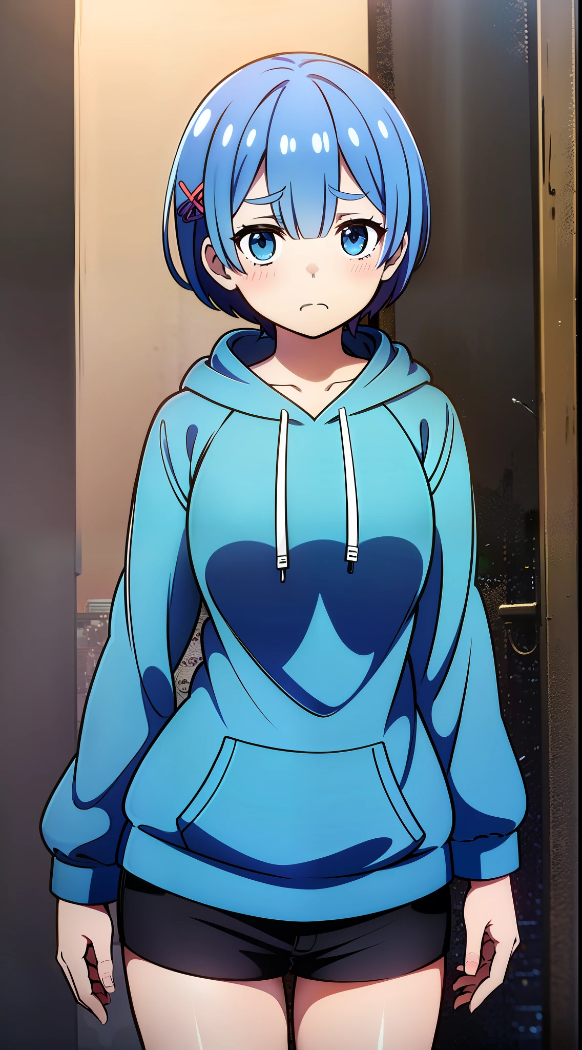 Masterpiece, rem rezero, blue eyes, sad face, look down, blue hoodie, medium breasts, dark shorts, arms at the sides, middle of the street, front view,