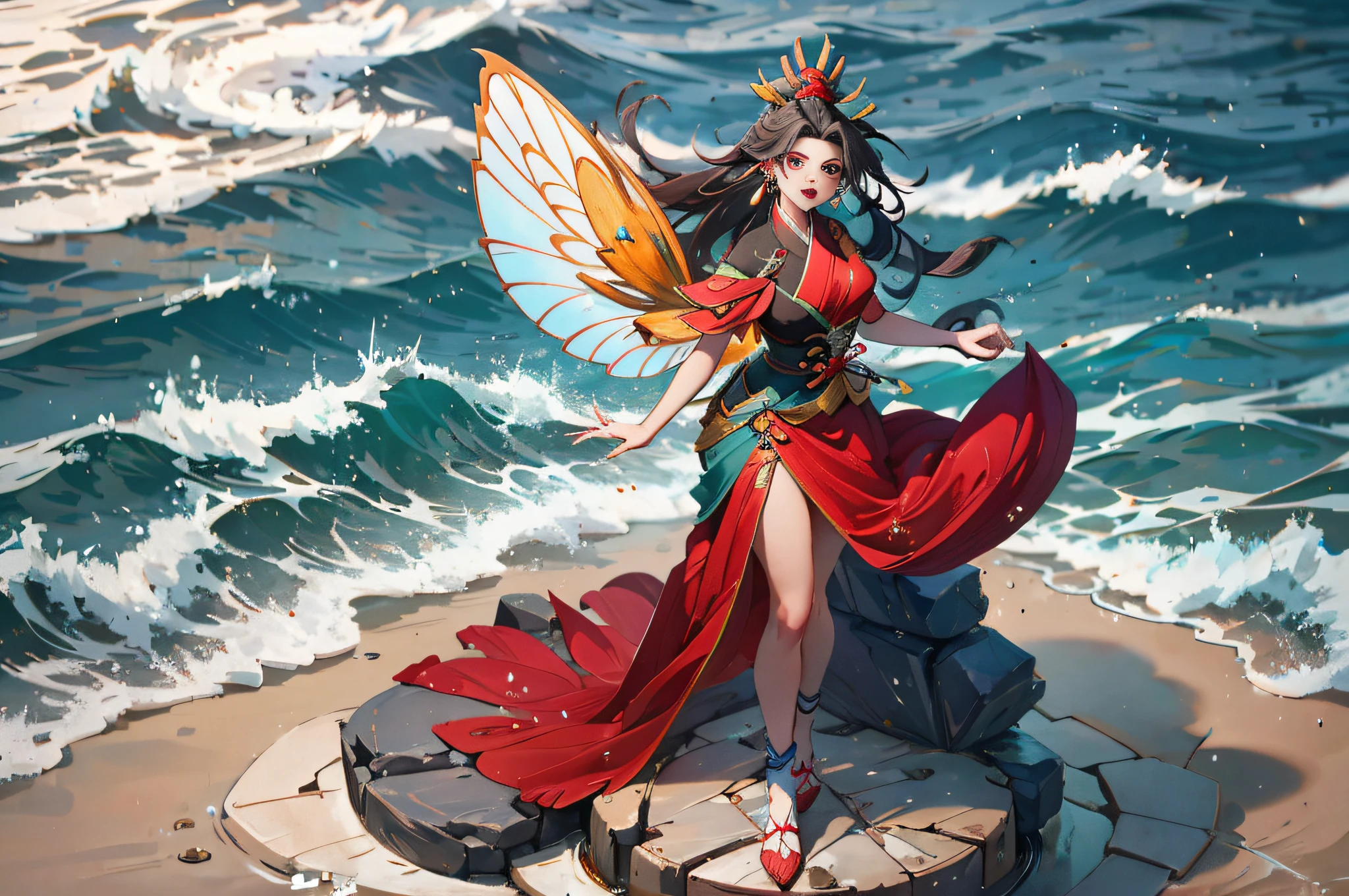 gorgeous Aerith Gainsborough from Final Fantasy VII remake in a red dress and earrings, ((sculptural body)), Mu Yanling, Queen of the Sea, inspired by Shen Shizhen, inspired by Li Meishu, inspired by Huang Ji, inspired by Lan Ying, inspired by Qiu Ying, inspired by Ma Yuanyu, inspired by Wang Meng, full body fairy, inspired by Park Hua, 4K picture quality, PBR rendering, UE engine