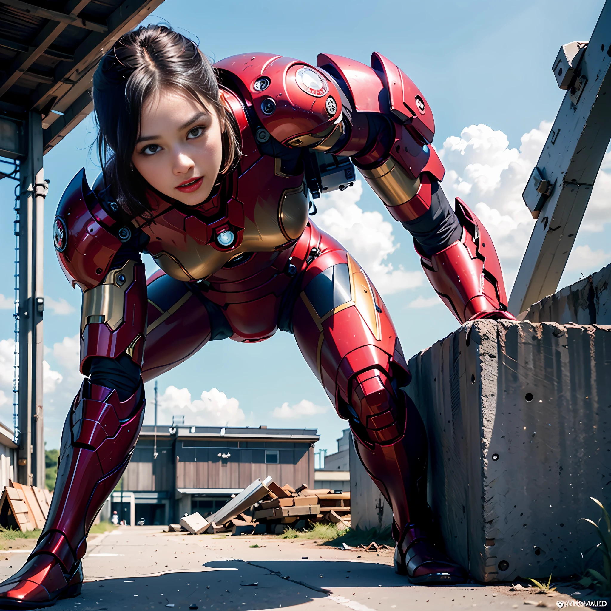 8k, realistic, attractive, highly detailed, a 20 year old girl a sexy and attractive woman inspired by Iron Man wearing a shiny Iron Man mech. She dresses with sexiness and confidence, perfectly interpreting Iron Man&#39;s strength and charisma. The abandoned warehouse serves as a backdrop, creating a unique atmosphere that highlights her bravery and perseverance. The cloudy sky adds a sense of tension and mystery to the whole scene. This high-definition, high-quality picture will bring you a shocking visual experience. The detailed abandoned warehouse and shiny mechs will keep your eyes on you. oc rendering, dramatic lighting, award winning quality