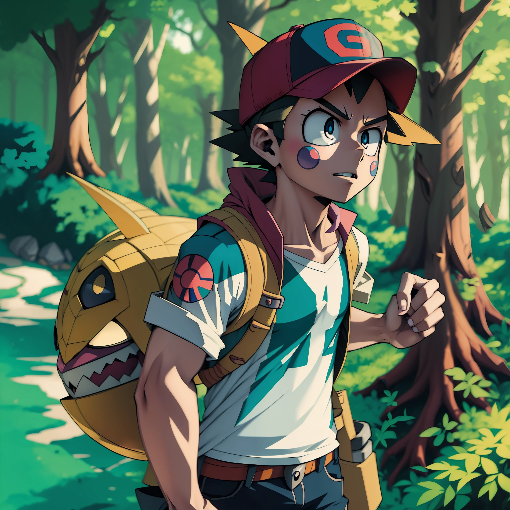 Pokemon, Ash Ketchum, anime cap, first season outfit, poké ball in hand, forest background