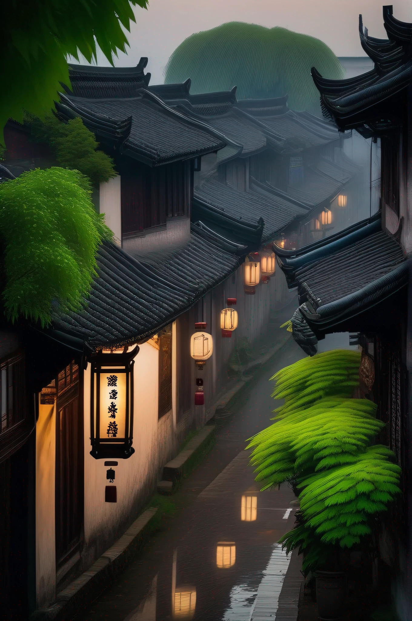 In the evening, the streets of Jiangnan Ancient Town are green, foggy, ultra-high-definition 8K, high-definition, urea-formaldehyde