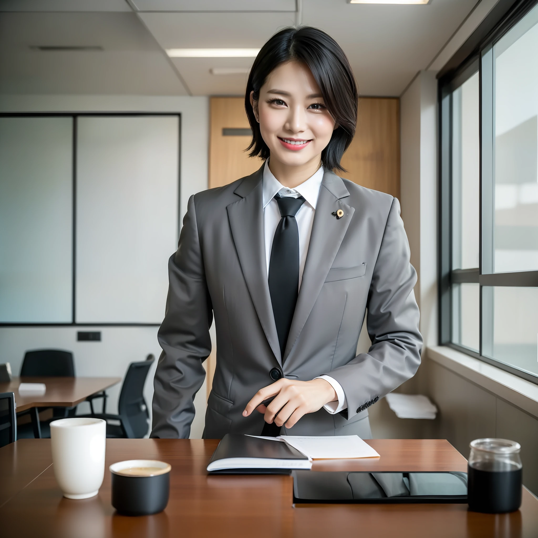 meeting room, office, cleanliness, male, office worker, Japan, twenties, youth, refreshing, smile, table, material on table, black hair, watch, gray suit, interview