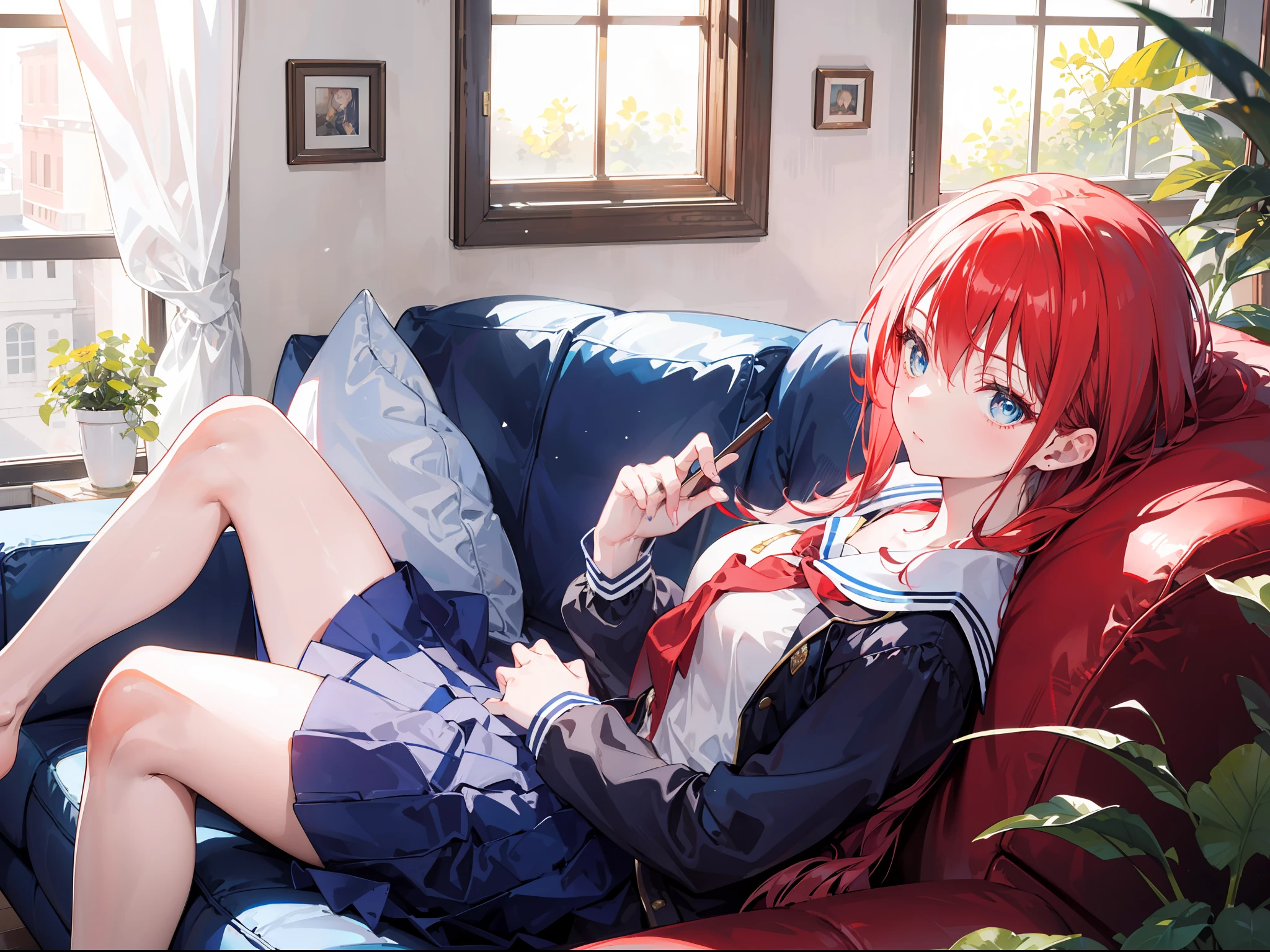"Create a scene in broad daylight, where a red-haired and blue eyes girl leans on her hand on a sofa, as if waiting for something. She is wearing a fantasy high school uniform, reflecting her identity as a student. The girl's gaze is filled with anticipation. Sunlight streams in through the window, creating a warm and bright atmosphere around her."