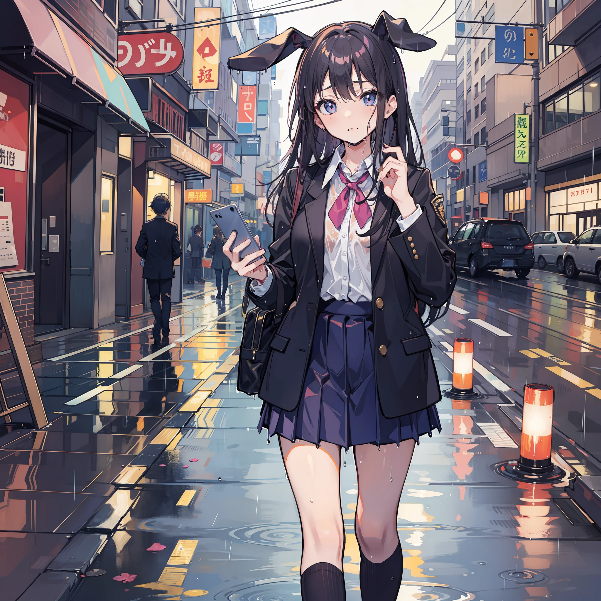 Rabbit-eared girl High school uniform Rain Sidewalk is wet Getting wet City background Troubled face