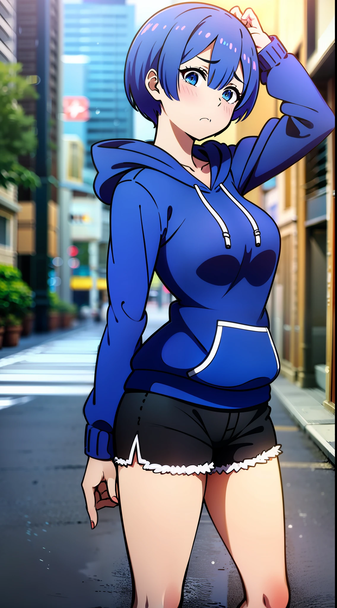 Masterpiece, rem rezero, blue eyes, sad face, look down, blue hoodie, medium breasts, dark shorts, arms at the sides, middle of the street, front view,