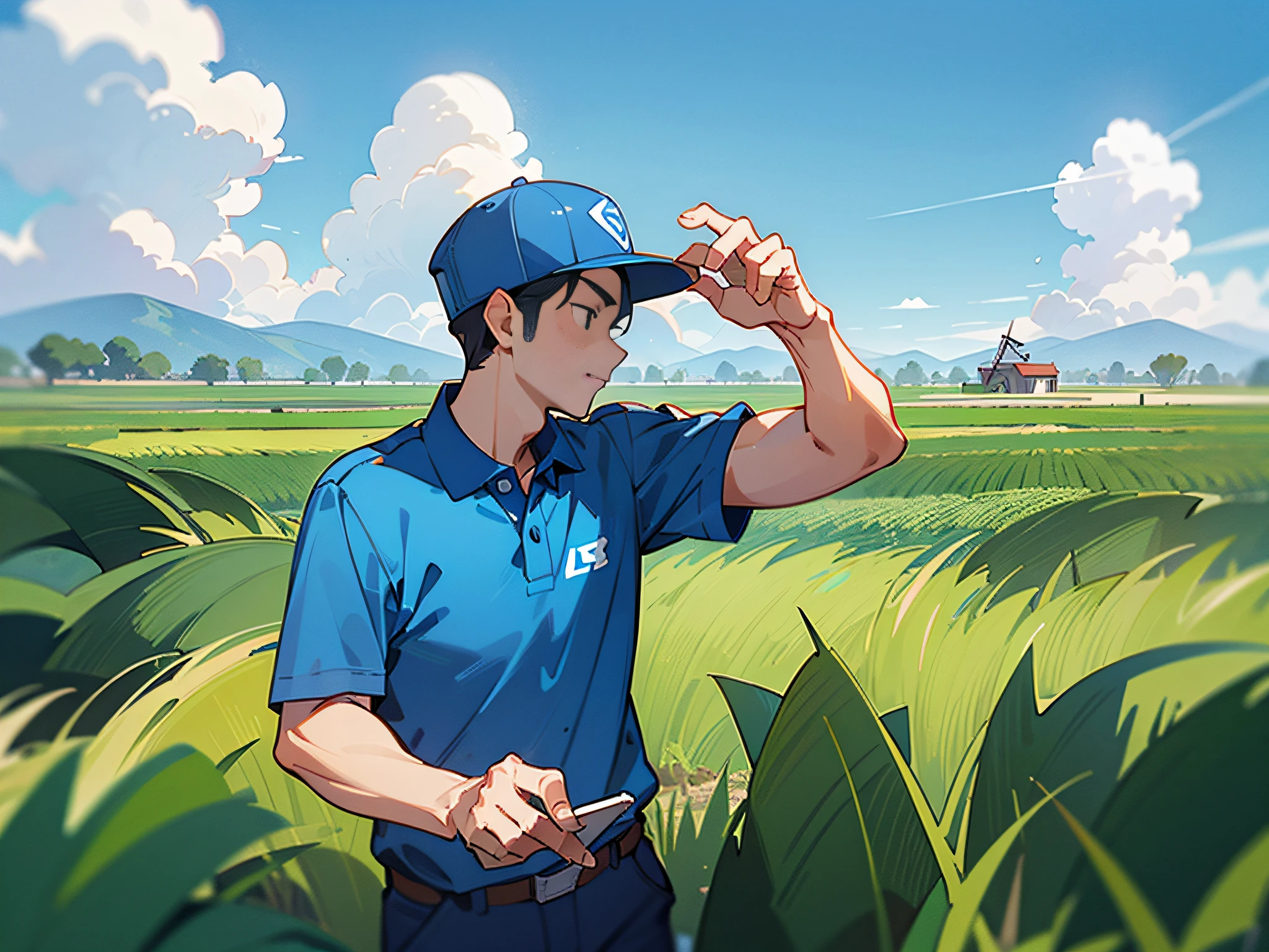 Green rice fields, a farmer man looking to sky, ((farmer man wearing engineer uniform with Polo shirt)), ((wearing blue cap)), two hand holding a ipad, huge background, beautiful sky with cloud, ((blue Polo shirt))