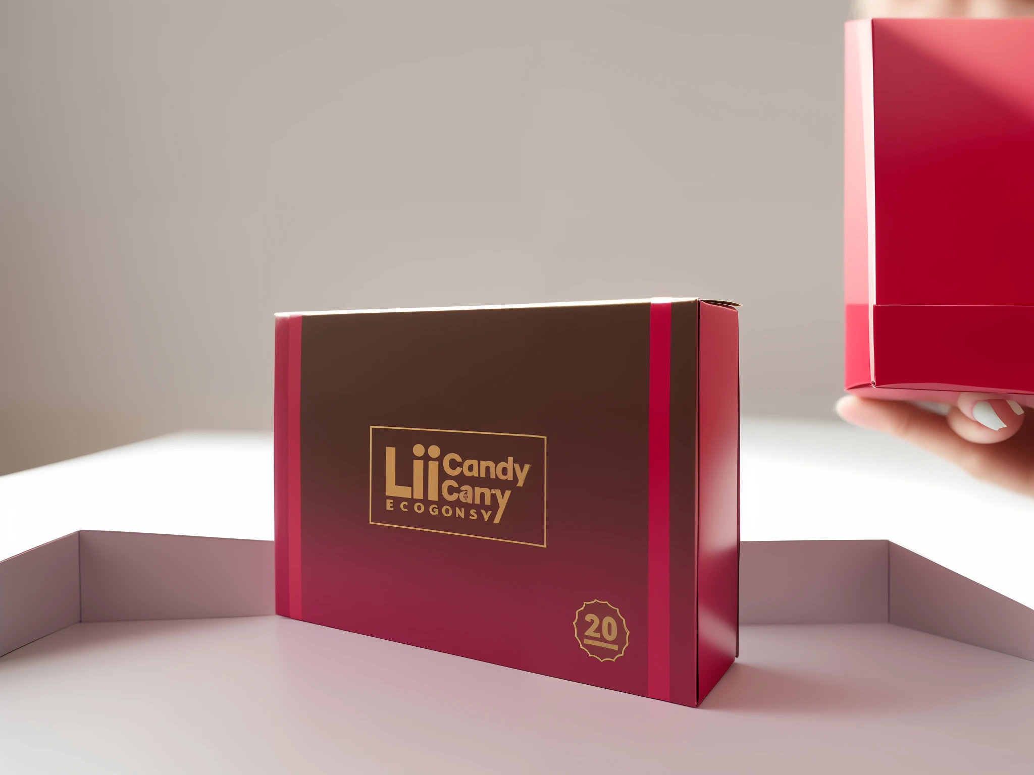 Enchanting beauty holding a box of candies in her hand, very charming, miniature product photos, detailed images