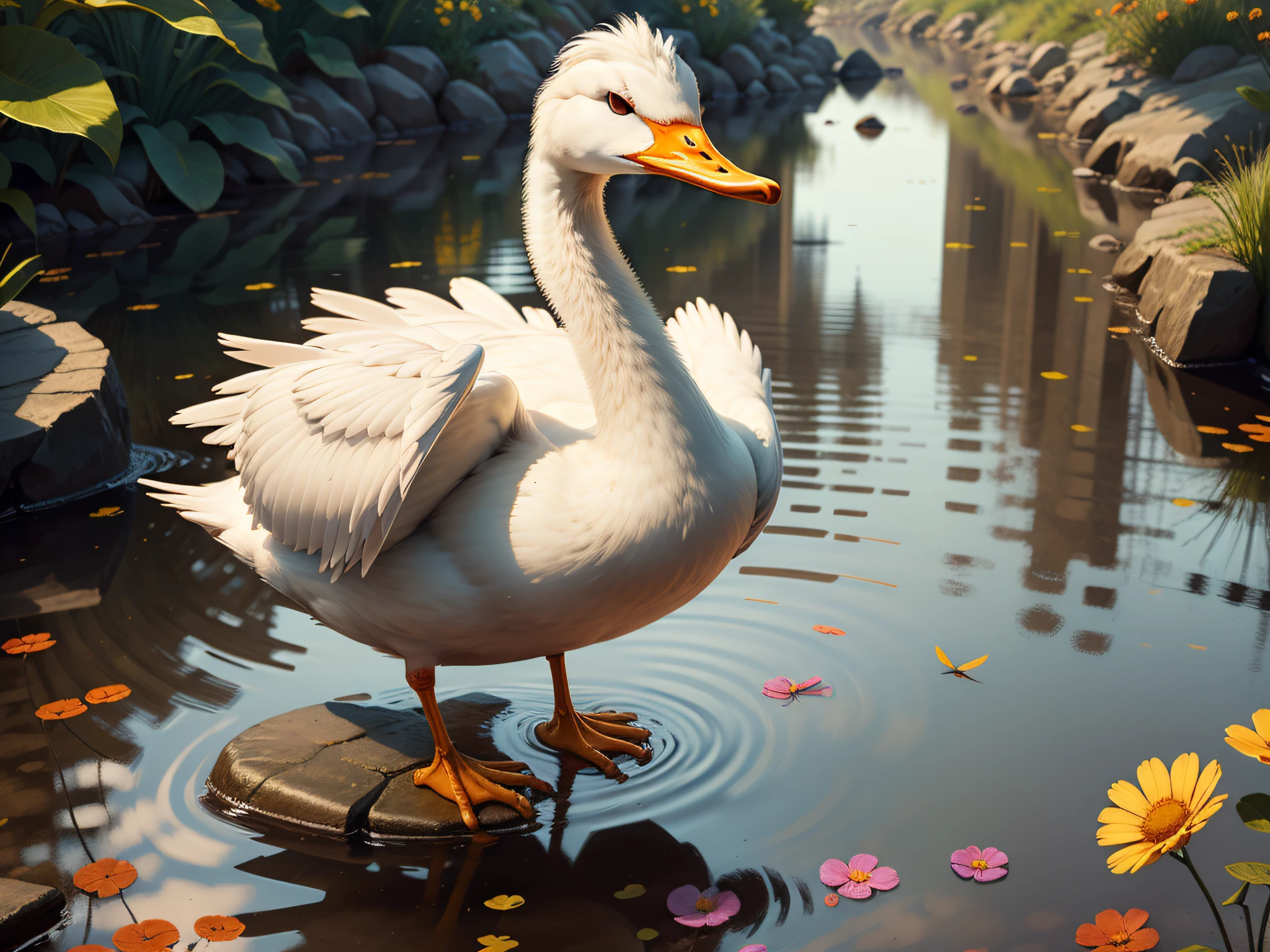 ((best quality)), ((masterpiece)), (detailed), 8k, a large white goose sitting by the creek with a wildflower in its hair and thinking