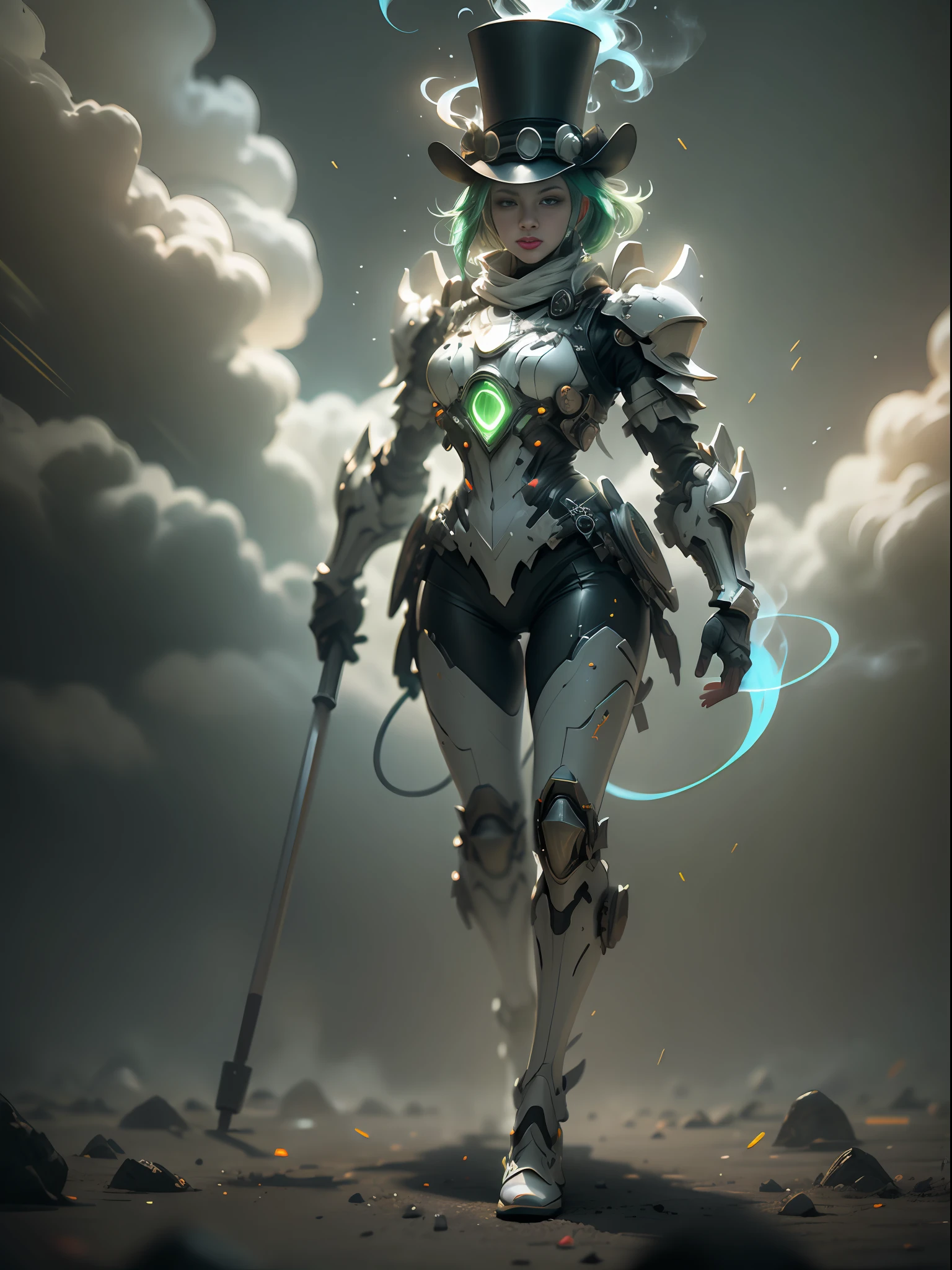 Ghost clown with lollipop, super cool ghost clown, holding crutches, grimace, top hat, green armor, wearing green mechanical armor, smoke surrounding, juggling props, cloud and smoke surrounding, stage lighting atmosphere, glowing eyes, huge lollipop, imposing walking, positive perspective, perfect body proportions, tall figure, tall height, full body photo, super detail, looking up view, IP by pop mart, edge light, avatar, octane rendering, blender, full body, Clean Black Background, 3D, C4D, Best Quality, Very Detailed, Ancient Technology, HDR (High Dynamic Range), Ray Tracing, NVIDIA RTX, Super Resolution, Unreal 5, Subsurface Scattering, PBR Textures, Post Processing, Anisotropic Filtering, Depth of Field, Maximum Clarity and Sharpness, Multi-layer Textures, Albedo and Highlight Maps, Surface Shading, Accurate Simulation of Light-Material Interactions, Perfect Proportions, Octane Rendering, Two-tone Lighting, Low ISO, White Balance, Rule of Thirds, Wide Aperture, 8K RAW, high efficiency sub-pixel, subpixel convolution, luminescent particles, light scattering, Tyndall effect