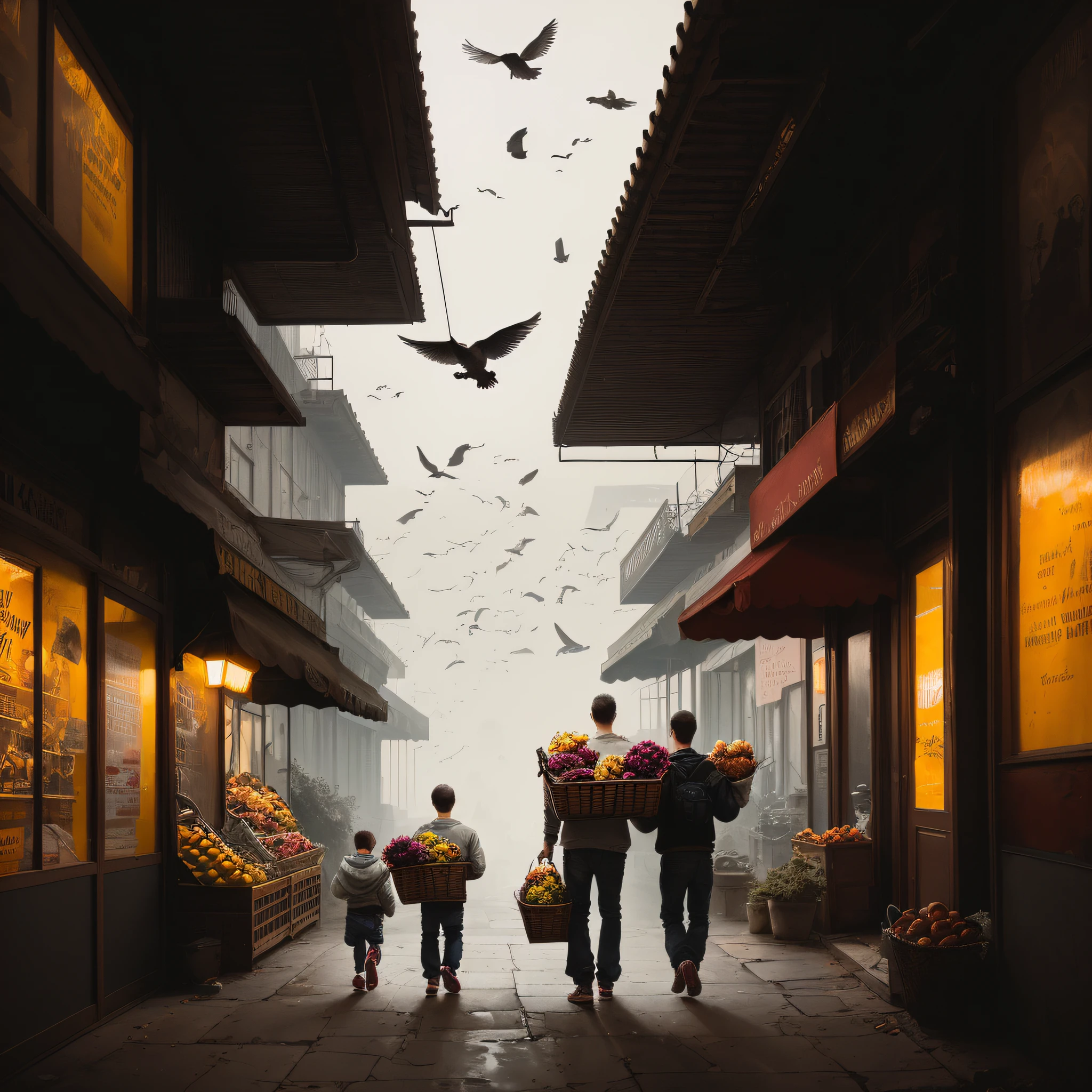 Two 7-year-olds carrying fruit basket, birds flying, realistic epic, portrait of, James Gilleard, by Joe Fenton, by Kaethe Butcher, yellow gradient, black, brown and magenta color scheme, grunge aesthetic!! soft cinematic light, adobe lightroom, photo lab, hdr, intricate, highly detailed, (depth of field: 1.4), faded, (neutral colors: 1.2), (hdr: 1.4) , (soft colors:1.2), hyperdetailed, (artstation:1.4), cinematic, warm lights, dramatic light, (intricate details:1.1), complex background, (rutkowski:0.66), (blue and orange:0.4)