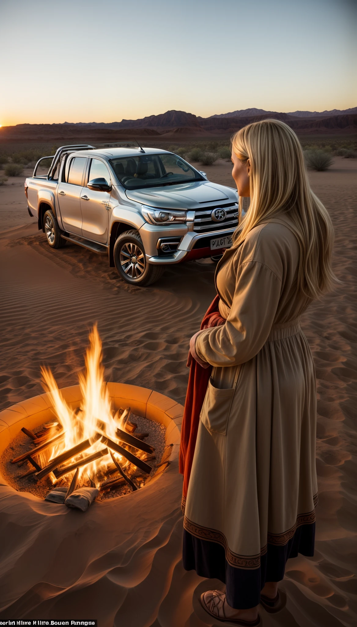 "The blonde woman in the center of the scene: The teacup in front of the woman: The warm bonfire highlights the contrast of the desert: The Hilux van behind the woman."
