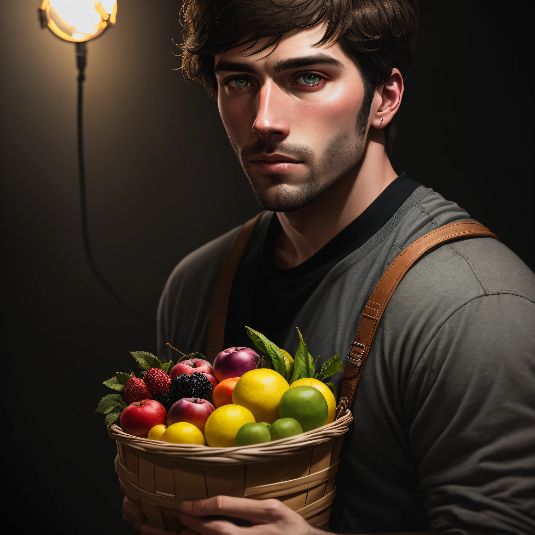 Close-up of a 30-year-old male man carrying a fruit basket, realistic epic, portrait of, James Gilleard, by Joe Fenton, by Kaethe Butcher, yellow gradient, black, brown and magenta color scheme, grunge aesthetic!! soft cinematic light, adobe lightroom, photo lab, hdr, intricate, highly detailed, (depth of field: 1.4), faded, (neutral colors: 1.2), (hdr: 1.4) , (soft colors:1.2), hyperdetailed, (artstation:1.4), cinematic, warm lights, dramatic light, (intricate details:1.1), complex background, (rutkowski:0.66), (blue and orange:0.4)