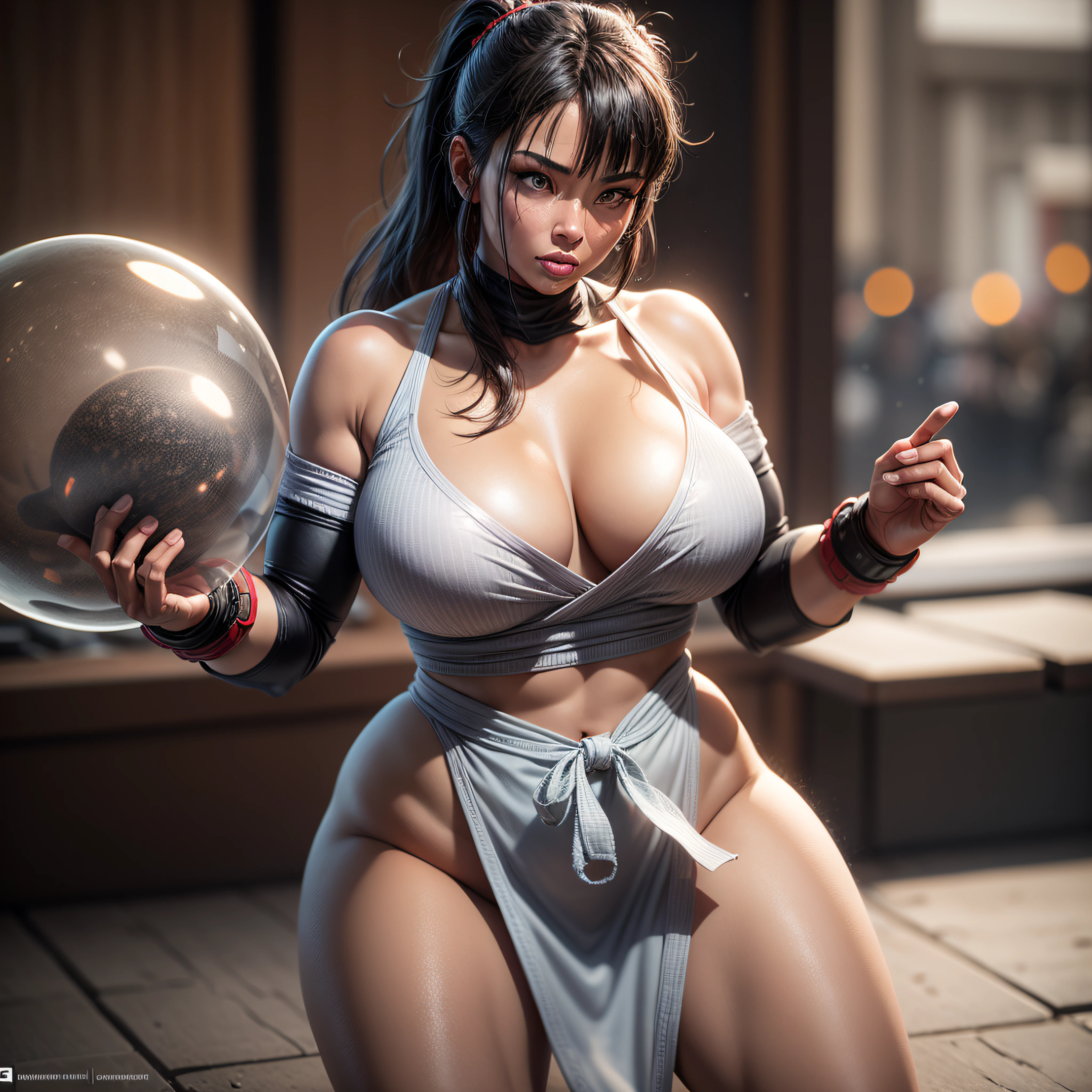 masterpiece, best quality, high quality, high definition, high quality texture, high quality shadow, high detail, realistic, cinematic light, side lighting, lens reflection, ray tracing, sharp focus, An American black woman with fabulous curves, with naturally formed and secure breasts, for a more voluptuous and attractive bust, thick thighs, effecting a shouryuken of ryu from street fighter 2,  3d render in 8k, best quality, masterpiece, nikon, realistic light and shadows, 8k, ray tracing, nvidia, unreal engine 5