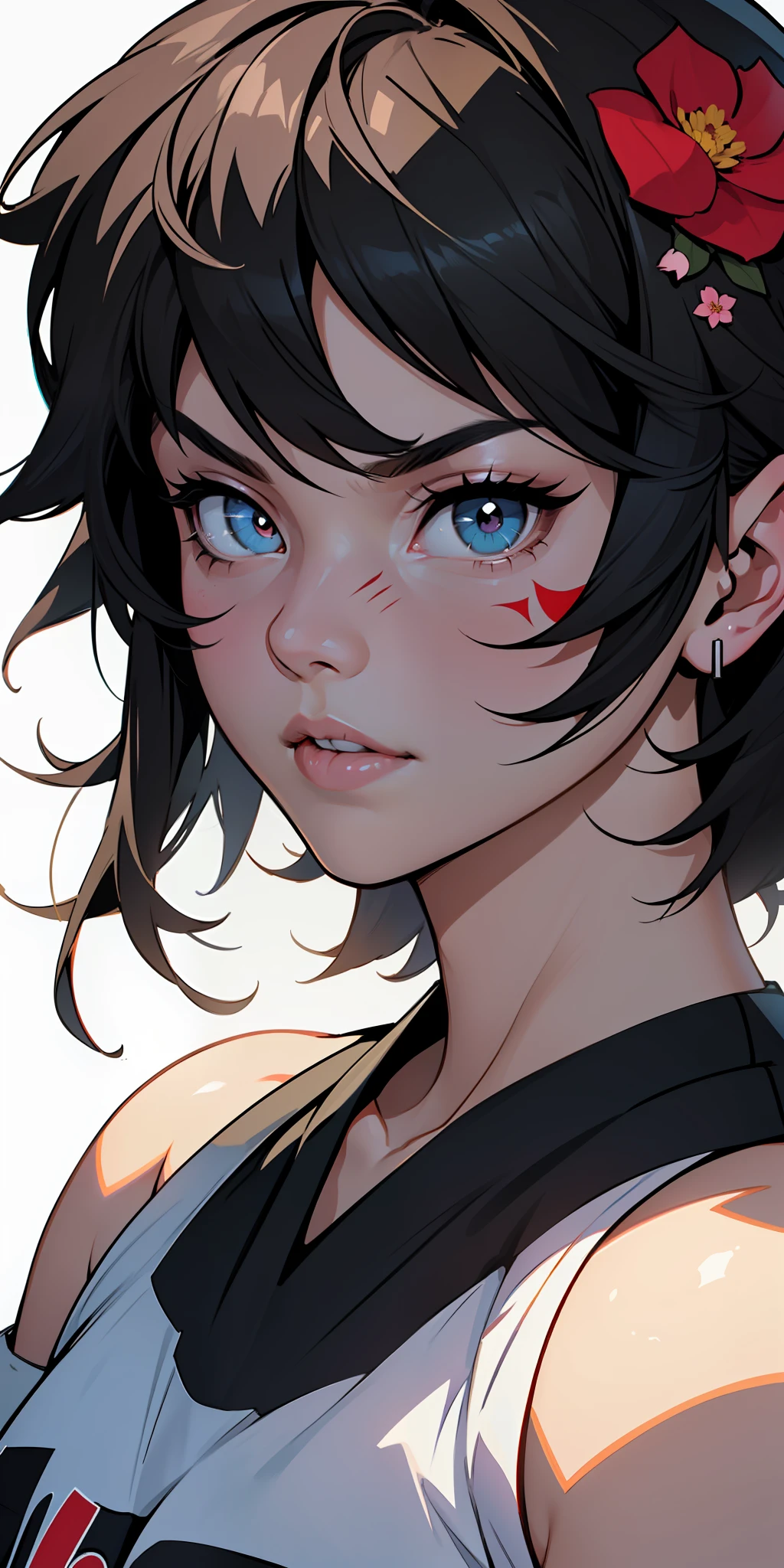 :: comix style ryuko hikari ::2.9 style ::2.0 comix illustration style ,digital illustration of beautiful female character in toh-yasu drawing style illustrator, anime style, body with futuristic tribal tattoo style designs in dragon shape, serious face and ultra detailed artwork, graffiti style destroyed city scenery with camera focus, (beautiful and clear background:1.2), long black hair,((beautiful woman )), ( detailed eyes and detailed face:1.3), (t-shirt or dress:1.3), (beautiful and clear background:1.2), (extremely detailed, ultra-detailed, best shadow:1.1),bare shoulders, flowers and petals, , (white background:0.5), (illustration :1.1), (extremely fine and beautiful girl:1.1), (perfect details:1.1)