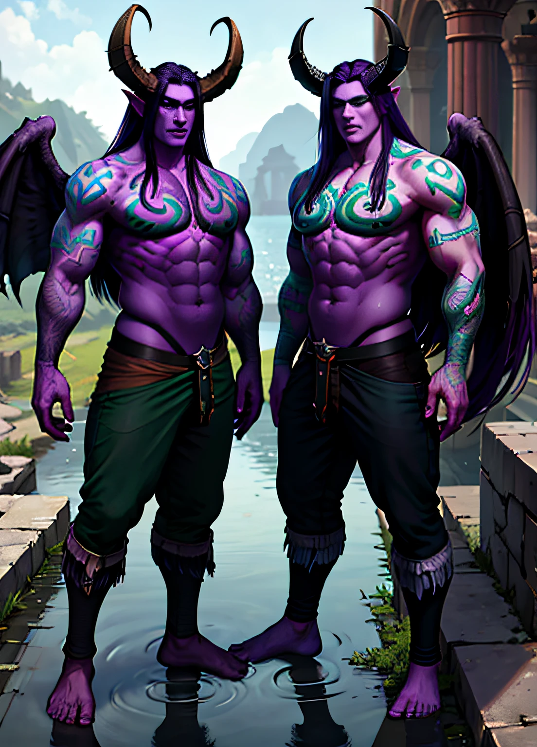 2kids, burly muscular ilidari, scar, purple skin, wings, horns, bright green eyes, very long hair, tattoo, big black thong, green magic, ruins, water, reflection, volumetric lighting, best quality, masterpiece, realistic, dark purple hair, gradient hair, character chart, anatomically correct, 4K