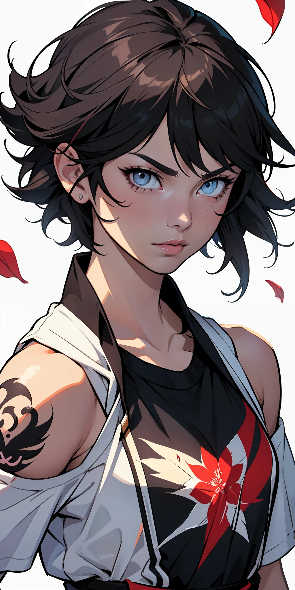 :: comix style ryuko hikari ::2.9 style ::2.0 comix illustration style ,digital illustration of beautiful female character in toh-yasu drawing style illustrator, anime style, body with futuristic tribal tattoo style designs in dragon shape, serious face and ultra detailed artwork, graffiti style destroyed city scenery with camera focus, (beautiful and clear background:1.2), long black hair,((beautiful woman )), ( detailed eyes and detailed face:1.3), (t-shirt or dress:1.3), (beautiful and clear background:1.2), (extremely detailed, ultra-detailed, best shadow:1.1),bare shoulders, flowers and petals, , (white background:0.5), (illustration :1.1), (extremely fine and beautiful girl:1.1), (perfect details:1.1)