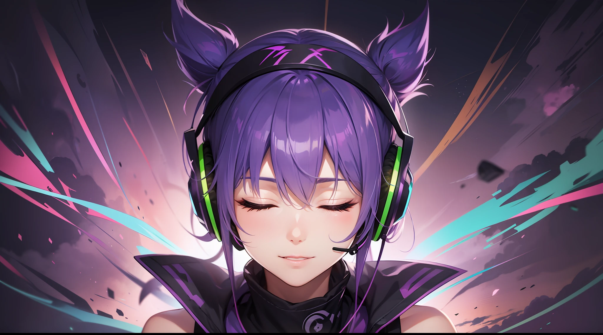Ninja woman with peace sense headset, closed eyes, beautiful face, RGB colors, bright purple hair, anime, bright background, banner for youtube video, happy girl, clouds with RGB colors, bright RGB colors, full.