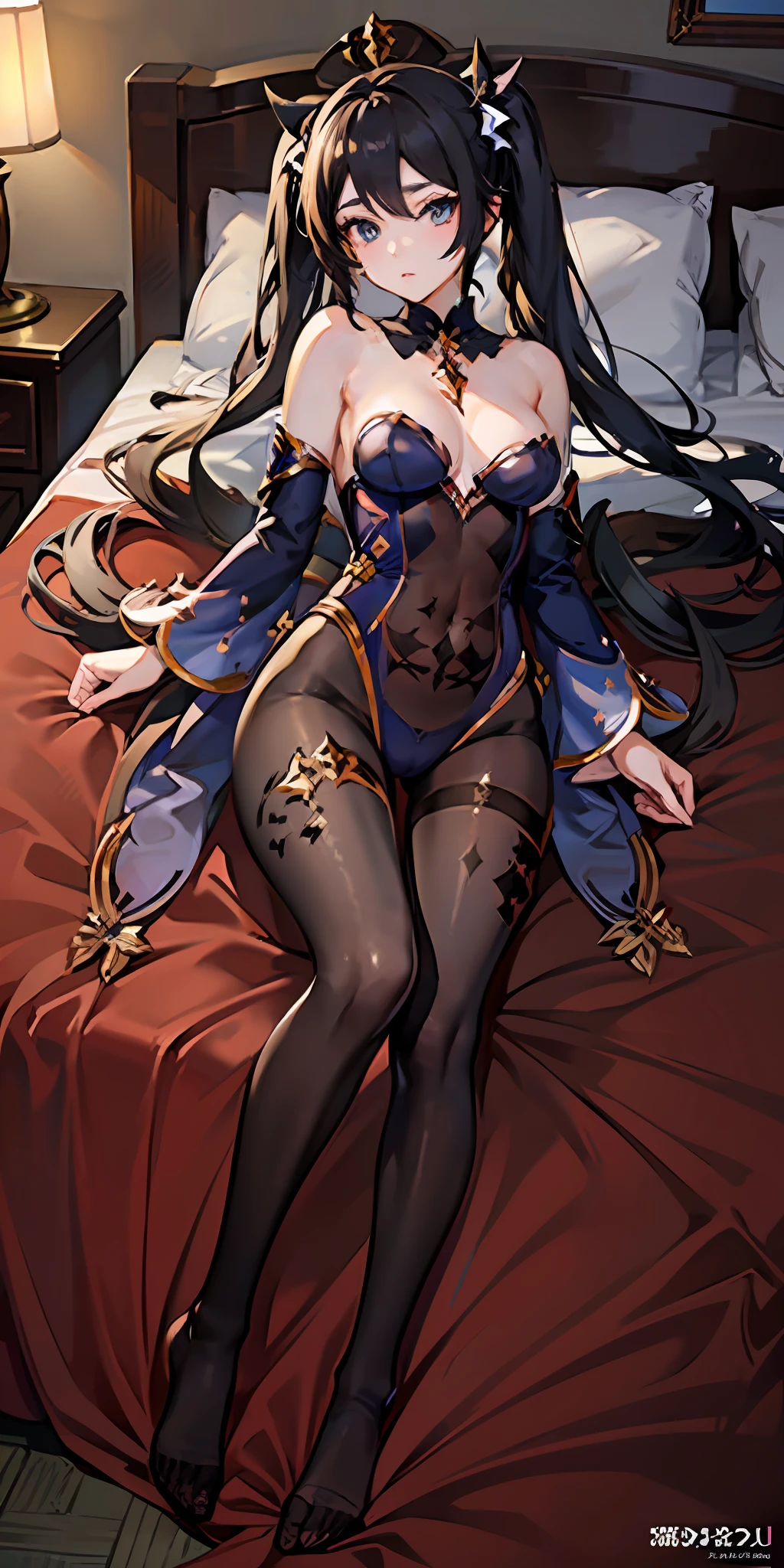 Mona, Genshin Impact, masterpiece, best quality, detailed, day room, good anatomy, detailed face, hd, white, pale skin, medium breasts, twintail, black hair, blue eyes. pantyhose, lying on the bed, full body