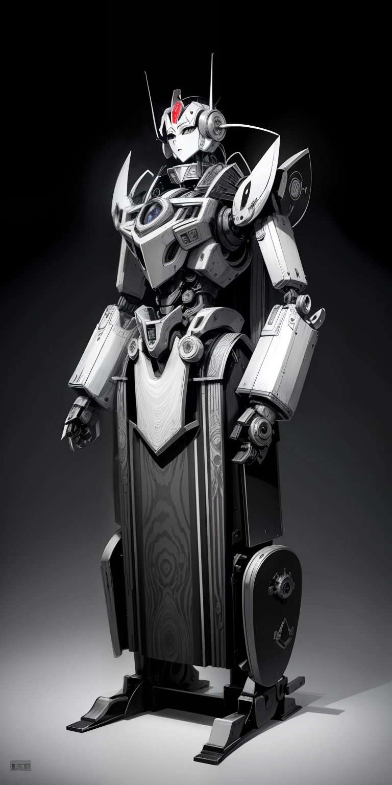 black and white coloring page, monochrome, edo period, karakuri robot, material, wood, Reiwa, high image quality, delicate machine, background is Reiwa, showa,