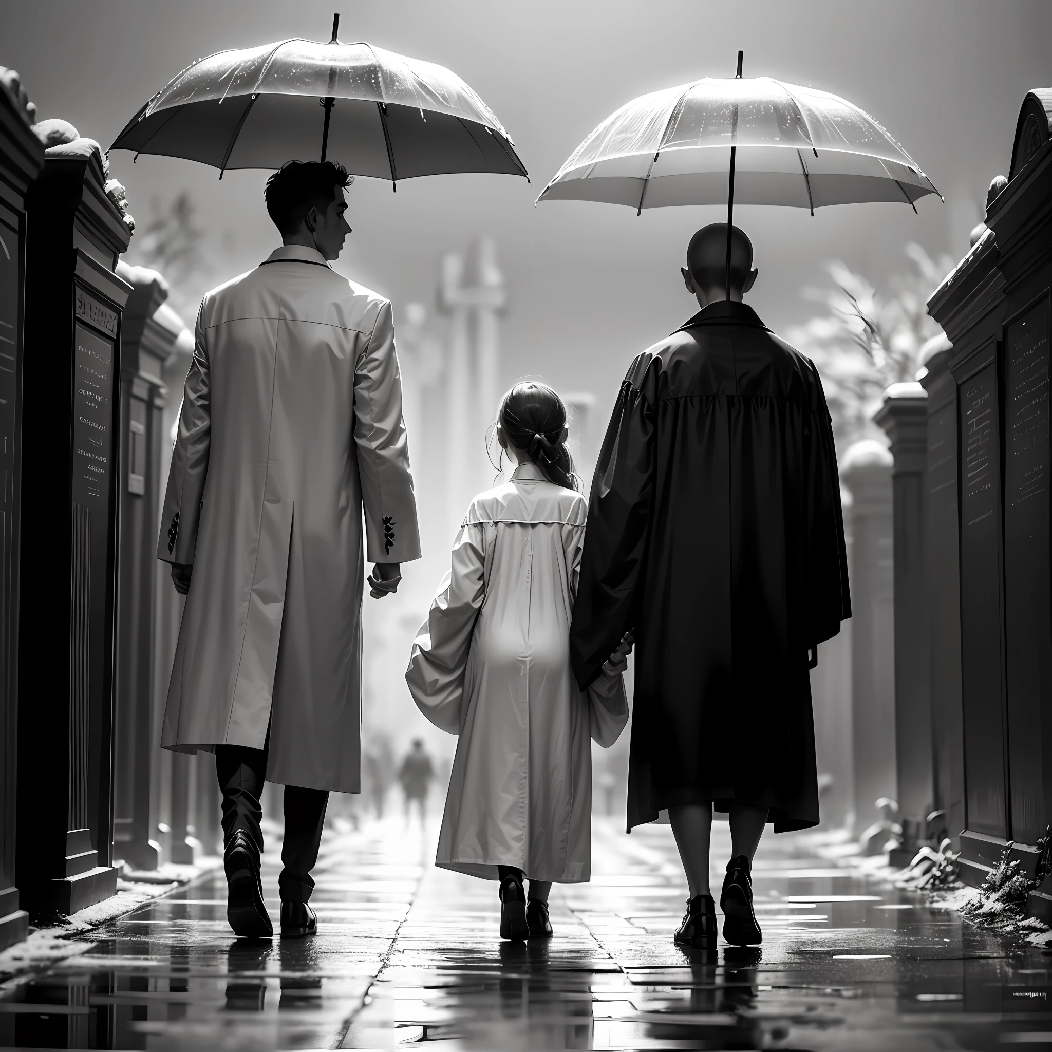 PROMPT: "People in formal robes, adults and children, walking in a gray and rainy cemetery and gray shades of white and black --auto