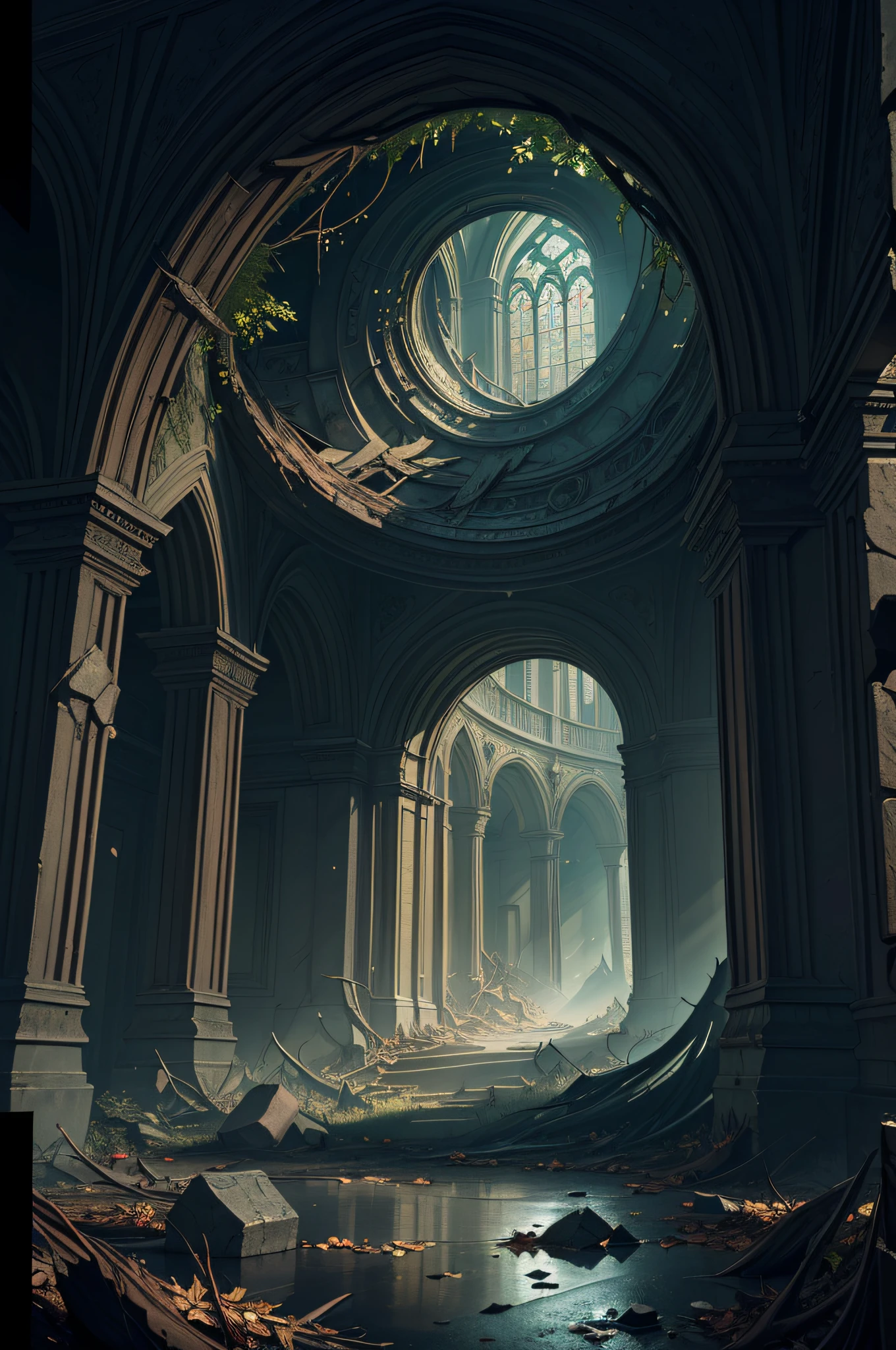 ((photo)), ((best quality)), ((masterpiece)), ((detailed)), ((cinematic), ((captured from eye level)), a dark gothic and creepy professional photo backdrop with lots of ornate stonework and a large room filled with debris and dead and rotten foliage, a magical swirling glowing portal open to an alternate dimension showing a bright and beautiful world is prominent.