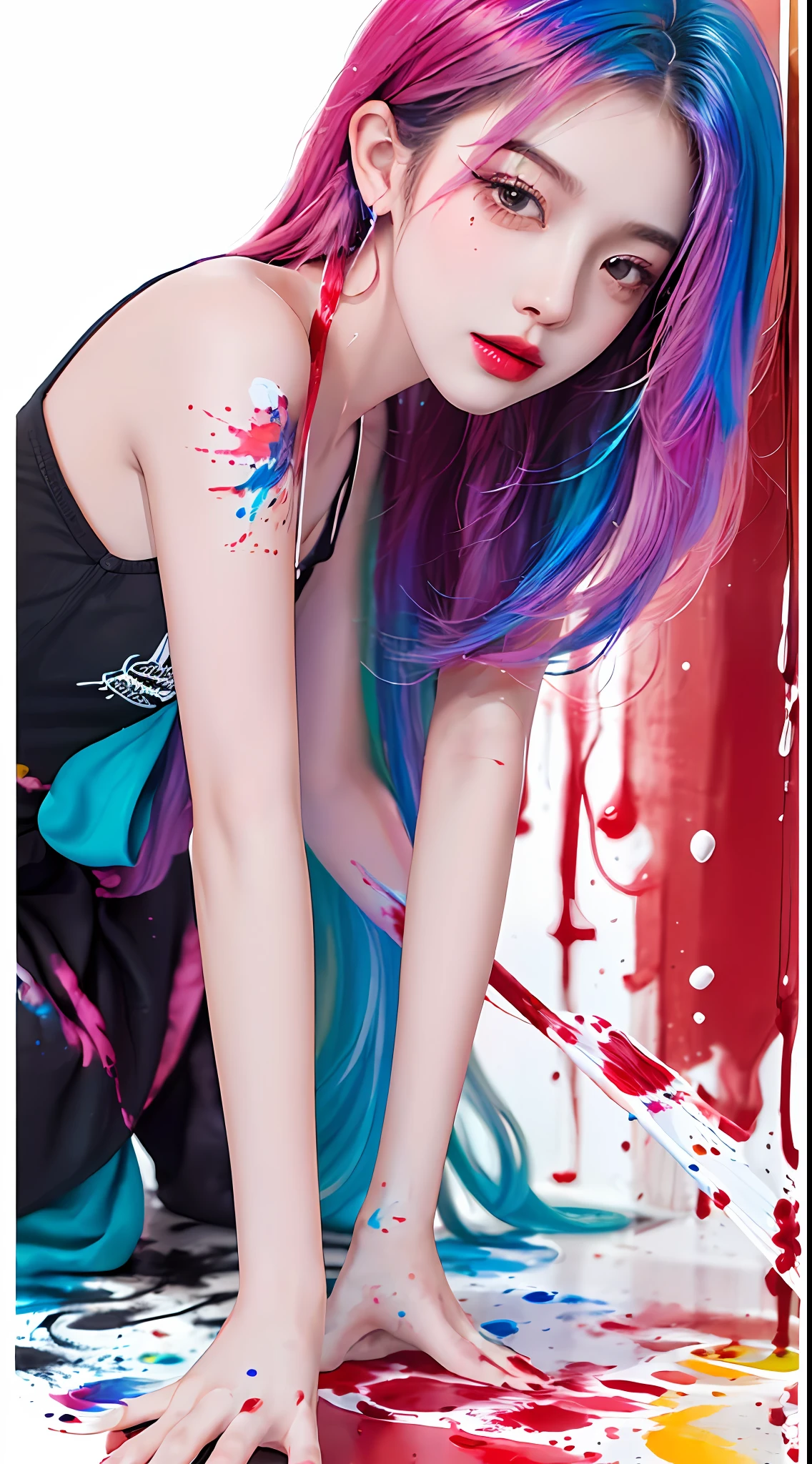 (Masterpiece, Best Quality, High Resolution), White Background, ((Paint Splash, Color Splash, Splash of Ink, Color Splash)), Sweet Chinese Girl, Rainbow Hair, Pink Lips, Front, full Body