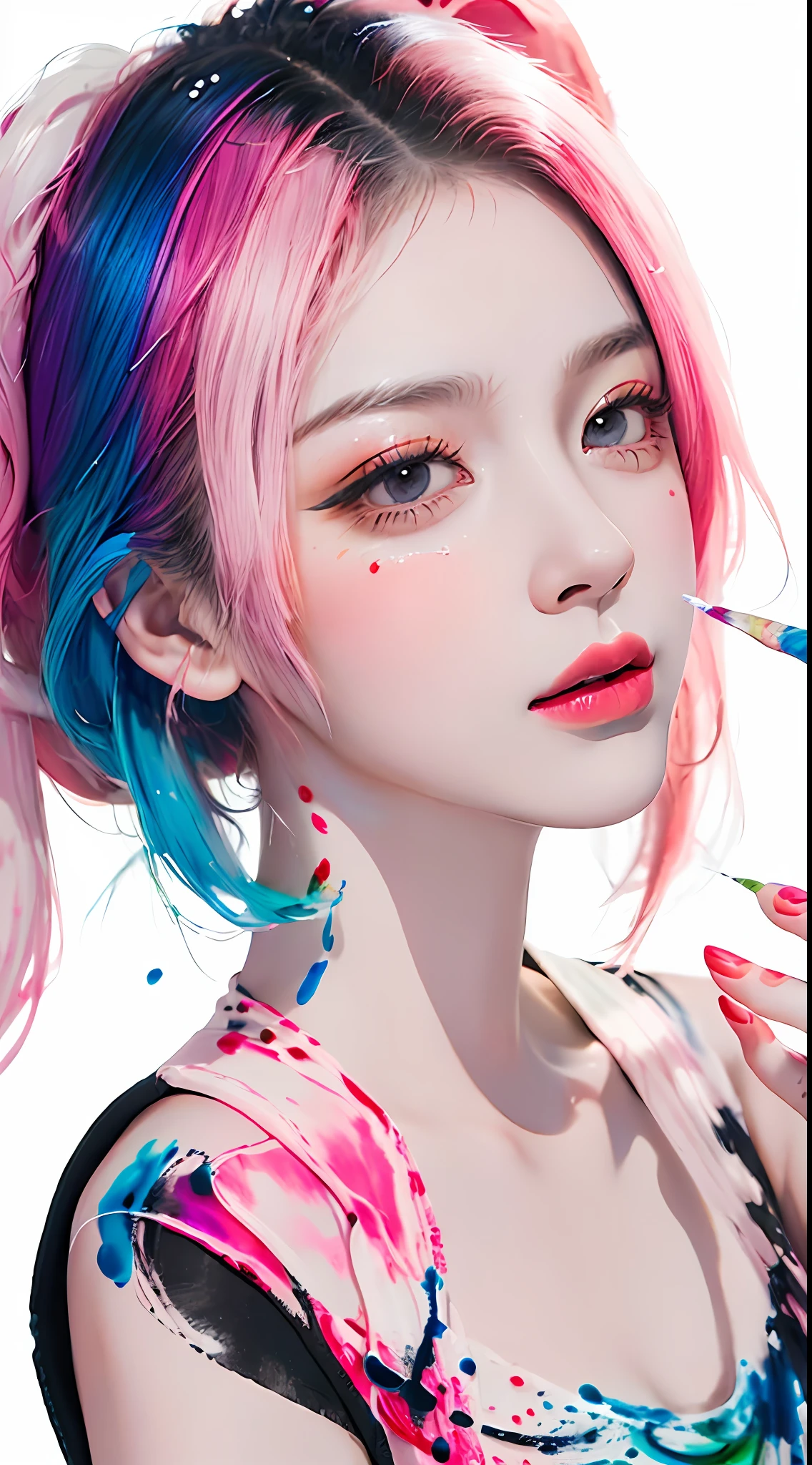 (Masterpiece, Best Quality, High Resolution), White Background, ((Paint Splash, Color Splash, Splash of Ink, Color Splash)), Sweet Chinese Girl, Rainbow Hair, Pink Lips, Front, full Body