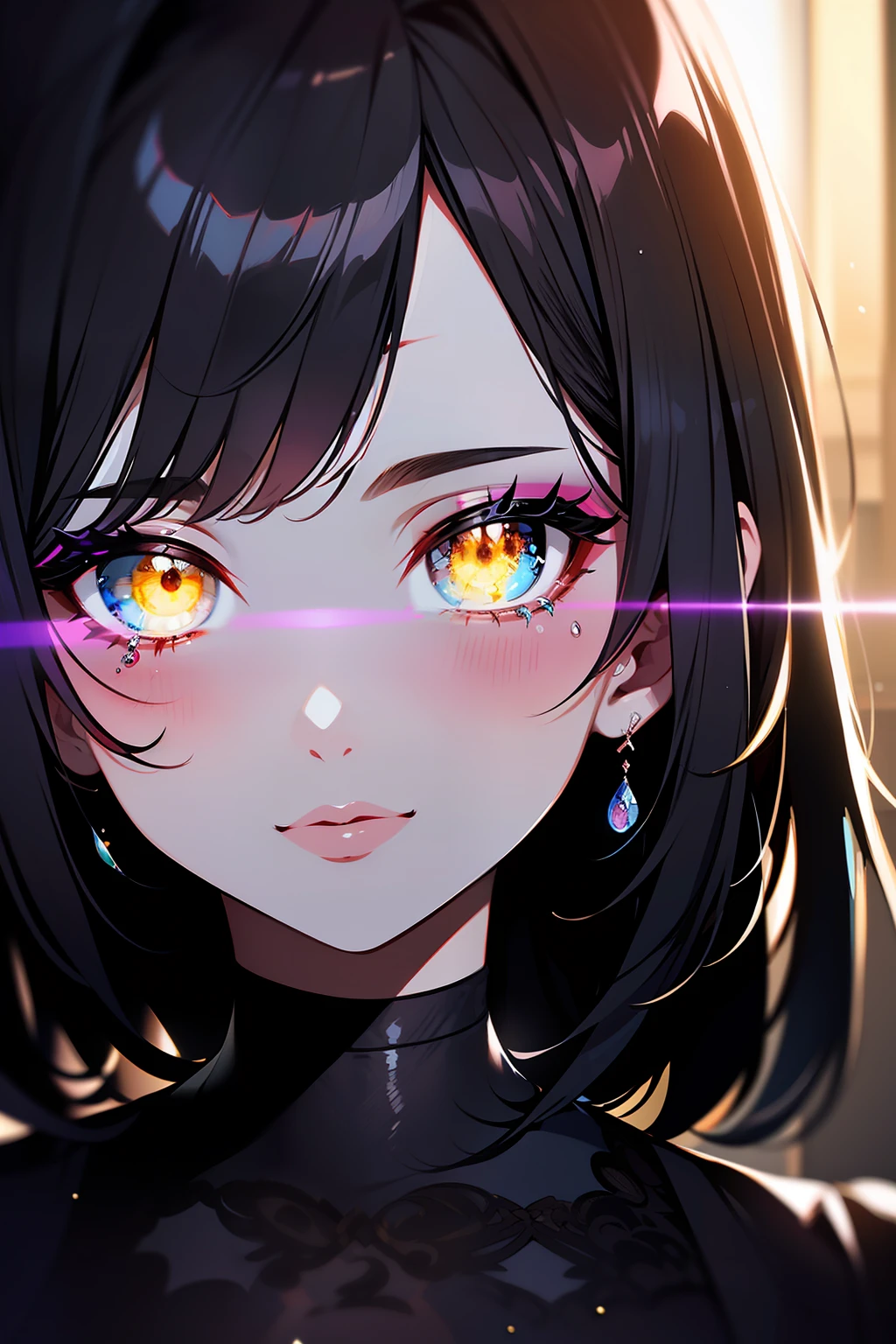 (Masterpiece:1.2), best quality, (illustration:1.2), (ultra-detailed),Eye focus,(Masterfully crafted Glow, pink lens flare), (Cinematic background), hyper details, (delicate detailed), (intricate details), octane render, hdr, (hyperdetailed:1.15), (soft light:1.2), 1girl, beautiful girl, ultra detailed eyes, mature, plump, thick, rainbow painting drops,(supermodel:1.3), paint teardrops, woman made up from paint, entirely paint, splat, splash, indoors, (bioluminescent hair:1.1),(glowing eyes), ((makeup)),(Cinematic masterpiece), fierce, powerful, splashes of colour absolutely eye-catching, (Cinematic headlight), ((caustic)), dynamic angle, beautiful detailed glow, ambient occlusion, ambient light, raytraced reflections,(best illumination, an extremely delicate and beautiful), ((cinematic light)),