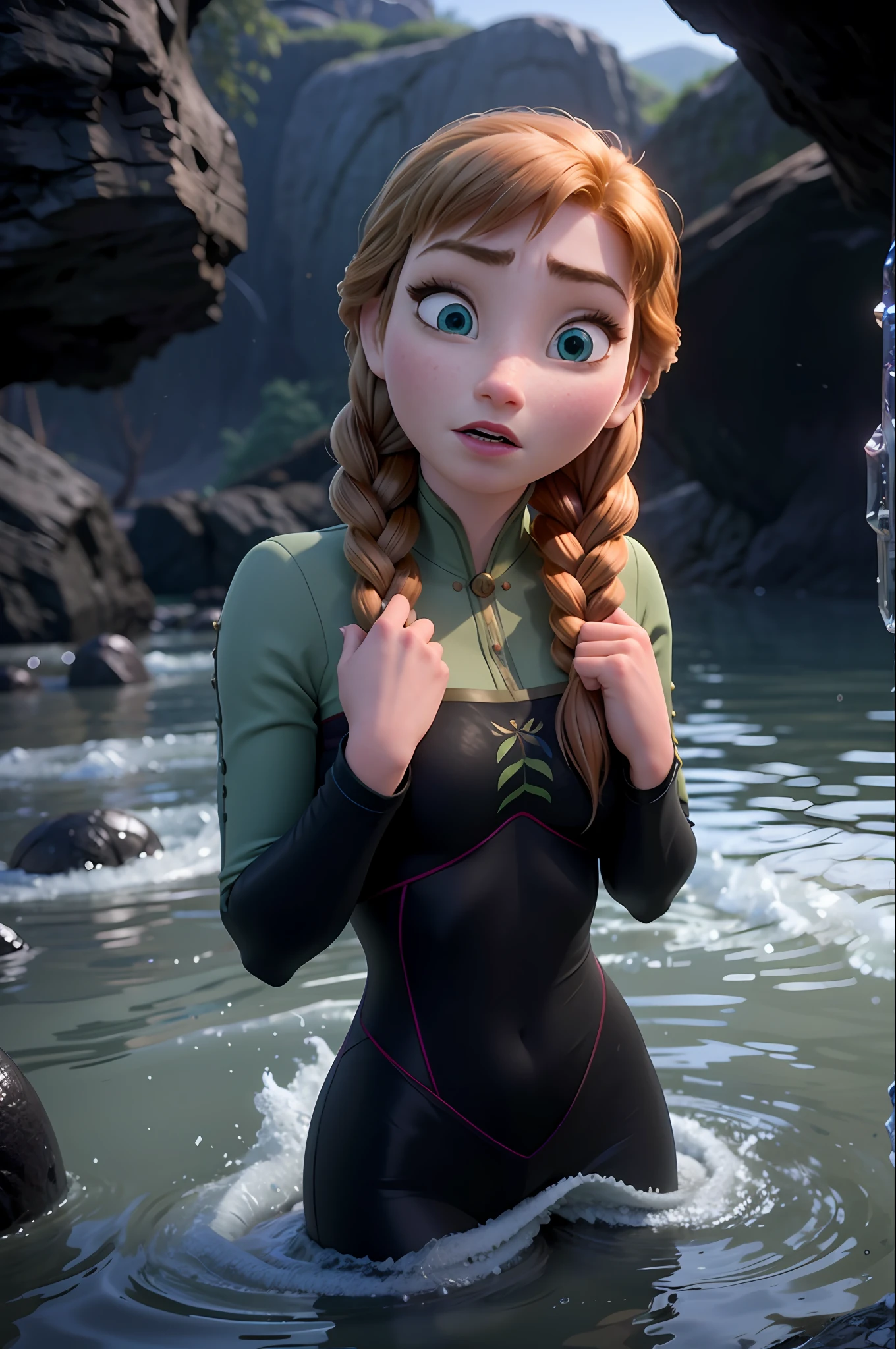 Photo of Anna of Arendelle wearing Blue gym outfit,  immobilized in the air by tentacles, in a scary flooded cavern , not enjoying herself, sad look, ashamed