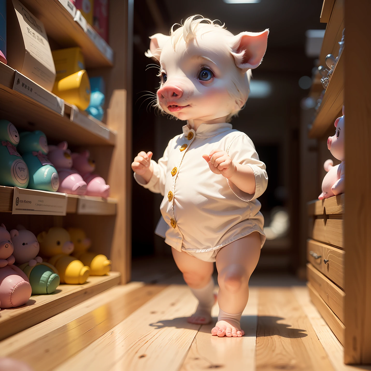 Three-year-old white piglet, go to the toy model store, --auto