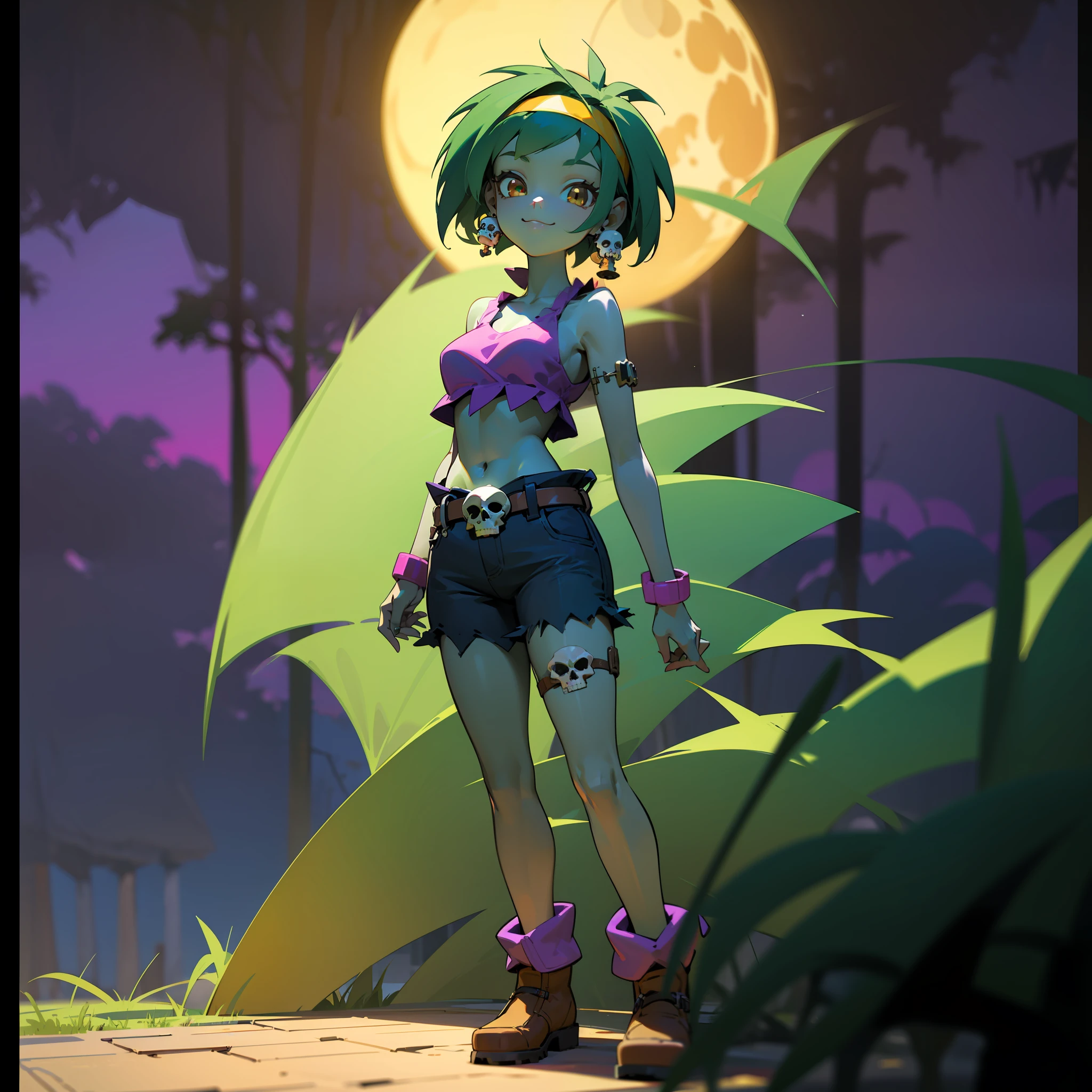 [rottytops], [uploaded to e621.net; (napalm_express)], ((High definition)), ((detailed shading)), ((beautiful solo portrait)), ((full body)), ((raw photo)), ((anime girl)), ((beautiful 3D art)), {(attractive); green skin, cute brown eyes, short green hair, happy smile}, {purple crop top, denim short shorts, brown platform boots, yellow headband, (skull earrings), (skull belt buckle)}, {(Standing), (looking at viewer)}, [background; (dark forest), (nighttime), (starry sky), (full moon), (trees), (dark lighting)]
