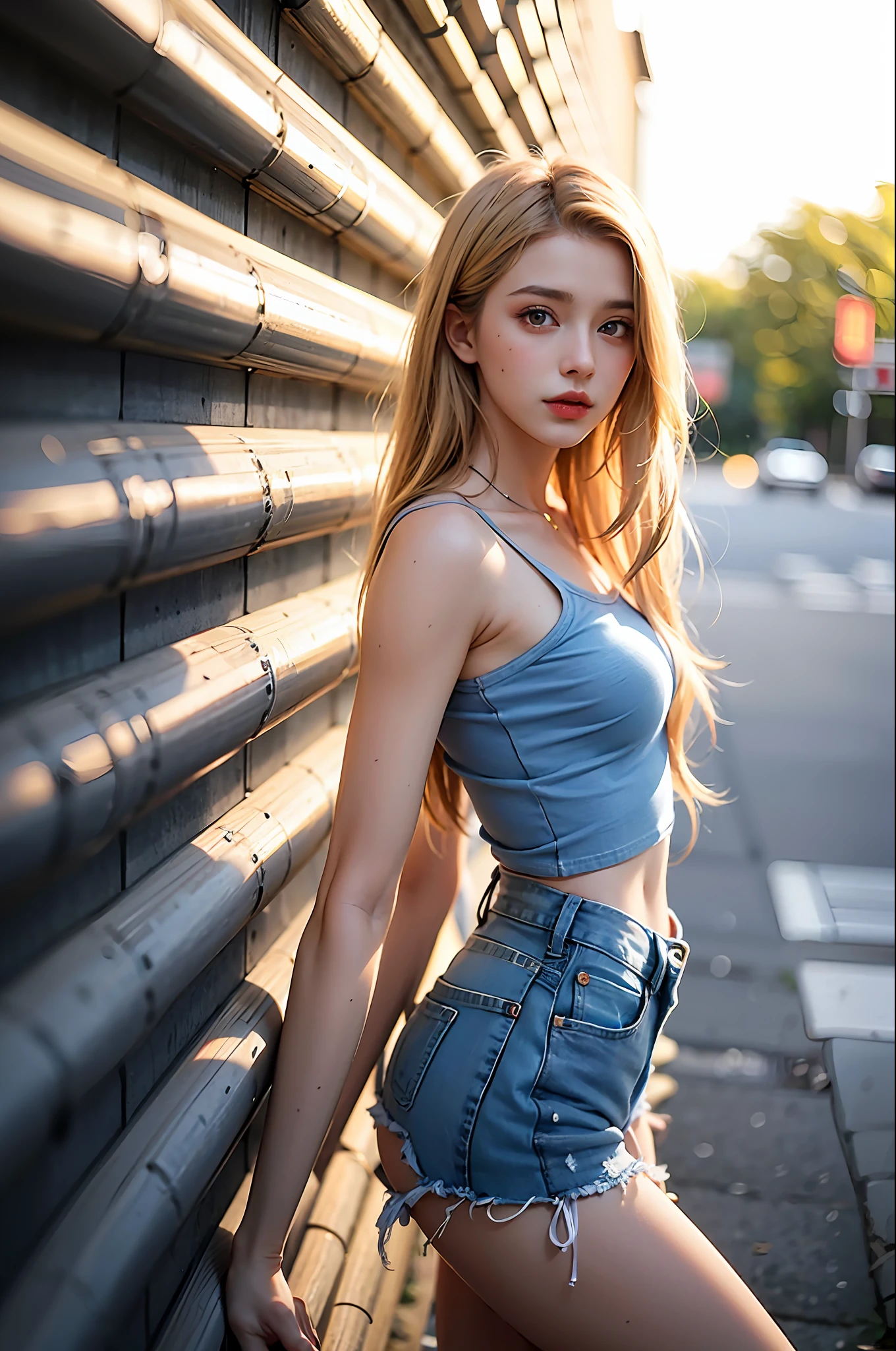 blond woman in blue top and denim shorts leaning against a wall, anna nikonova aka newmilky, yelena belova, photo of slim girl model, olga buzova, beautiful blonde girl, anastasia ovchinnikova, aleksandra waliszewska, shot at golden hour, style of julia razumova, casual pose, julia gorokhova