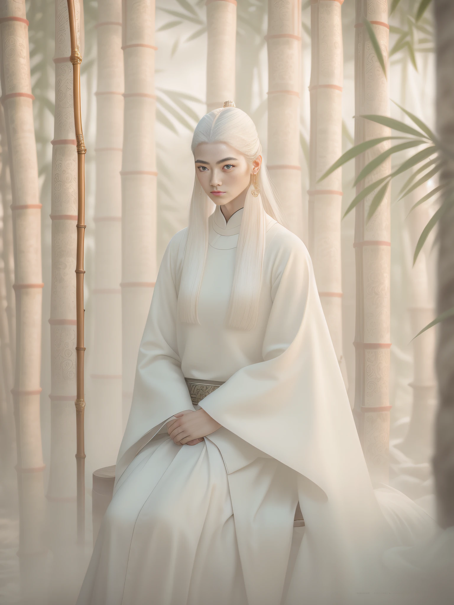 a Woman in white dress, bamboo pole, Woman in white dress sitting in front of bamboo pole, portrait of Yuri Schvedorf and Tom Bagshaw, albino mystic, inspired by stills of Zheng Xiaorong, Zhang Jingna, Russell Lu Dongjun, a stunning young ethereal character,