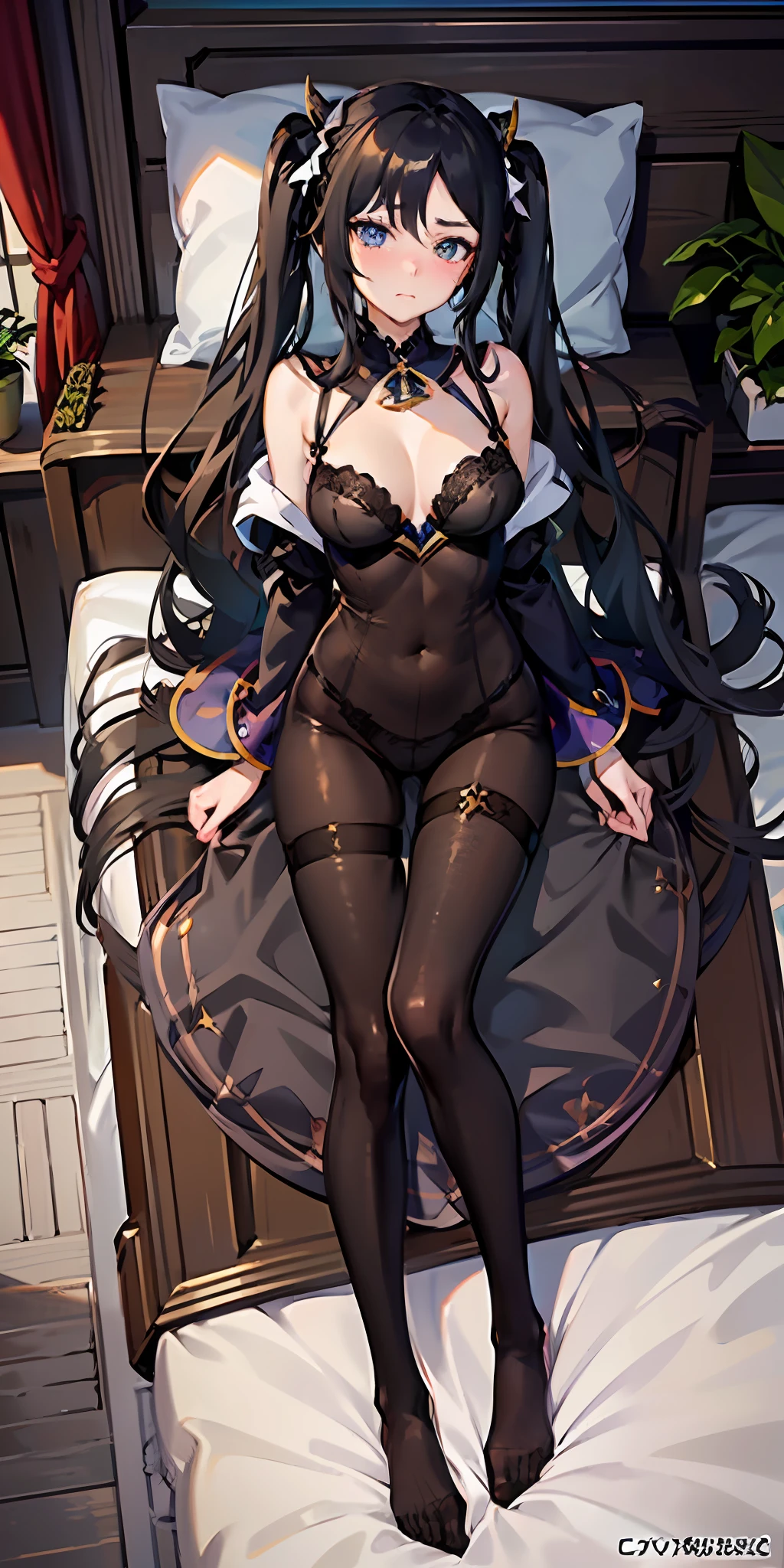 Mona, Genshin Impact, masterpiece, best quality, detailed, day room, good anatomy, detailed face, hd, white, pale skin, medium breasts, twintail, black hair, blue eyes. pantyhose, lying on the bed, full body, black bra, embarrassed, shy expression