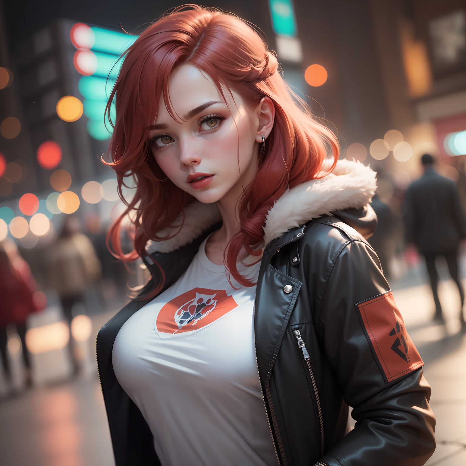 "A Ukrainian woman, with big breasts, in a jacket with the colors of the Lakers, red lipstick, red hair, standing in a square. The environment is dark, with lighting that highlights the shadows. The scene conveys an intense sense of loneliness and isolation. Distant lights are obscured by the night, producing trails of colorful and vibrant lights in the background. The camera is positioned at a dynamic angle, as if it were a film shot, giving a sense of action and suspense."