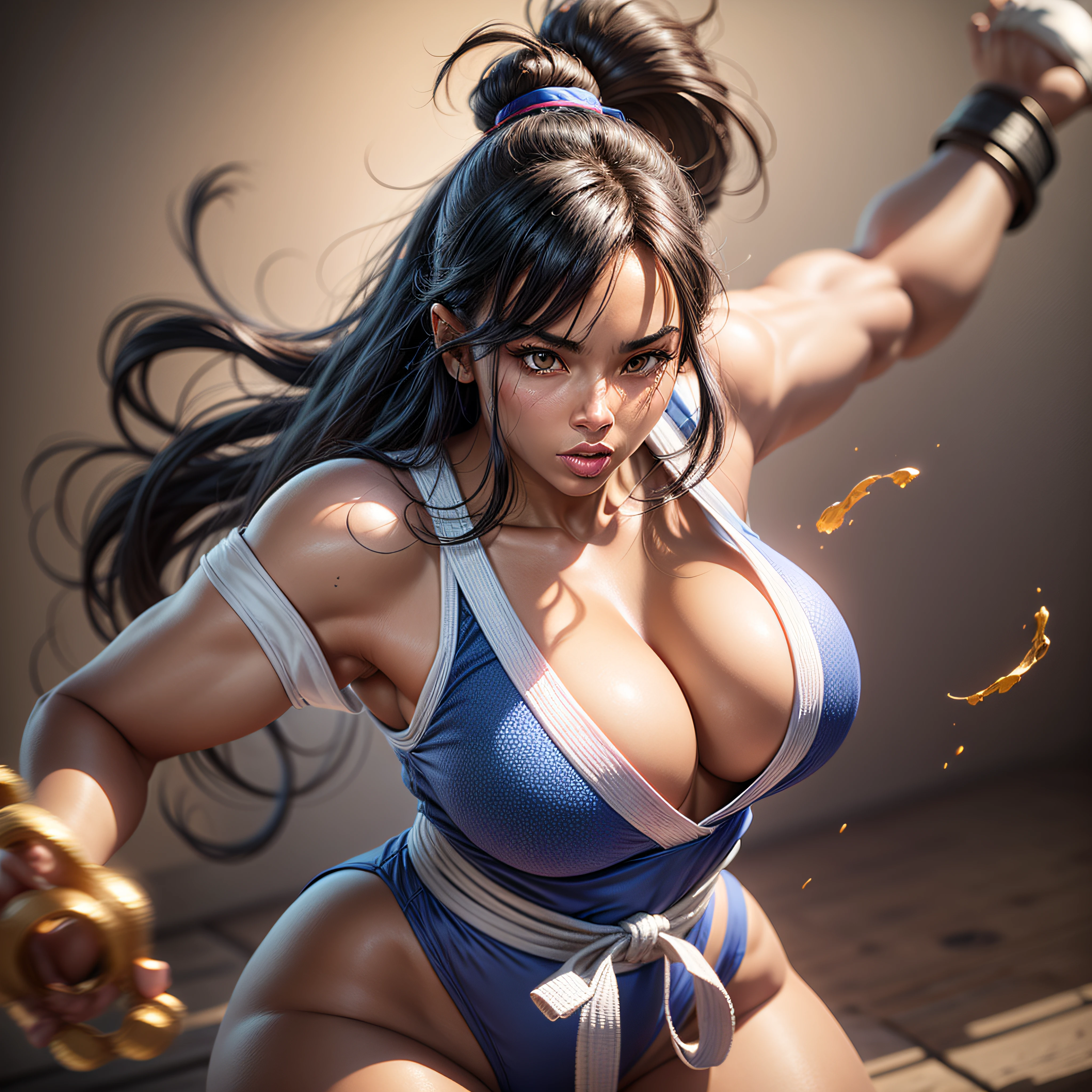 A black American woman with fabulous curves, with naturally formed and secure breasts, for a more voluptuous and attractive bust, thick thighs, performing a ryu shouryuken from street fighter 2, 3d render in 8k, best quality, masterpiece, nikon, realistic light and shadows, 8k, ray tracing, NVIDIA, unreal engine 5