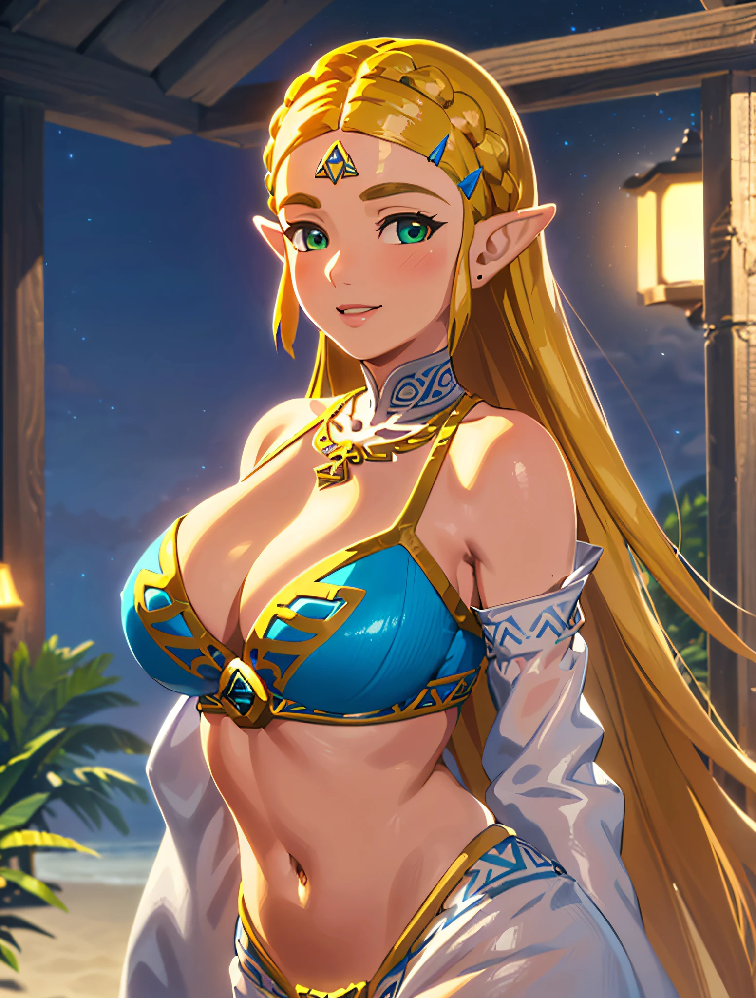 ((masterpiece)),(illustration),(((best quality)),iridescent, high resolution illustration,Amazing,highres,intricate detail, extremely detailed CG unity 8k wallpaper ((zelda)), large breasts, cleavage, upper_body, (delicate cute face), blond long hair, lovestruck,(green eyes), beach, moonlight, night time, lingerie, smile, facing viewer