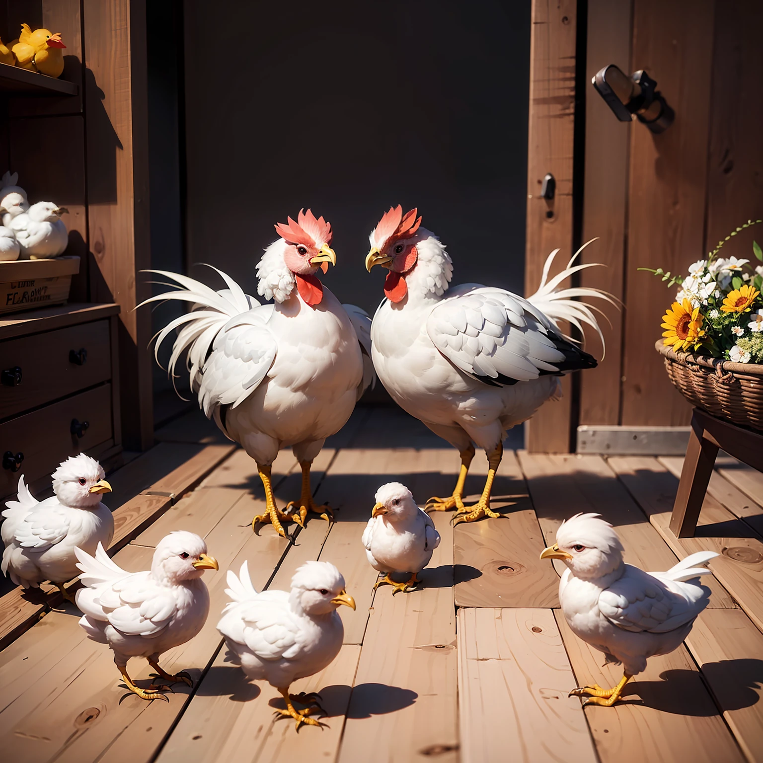 (8k, RAW photos, top quality, masterpiece: 1.2) Cute atmosphere, Pixar Animation, flock of cute chickens, chickens, chicks, birds, professional lighting, photon mapping, rendering
