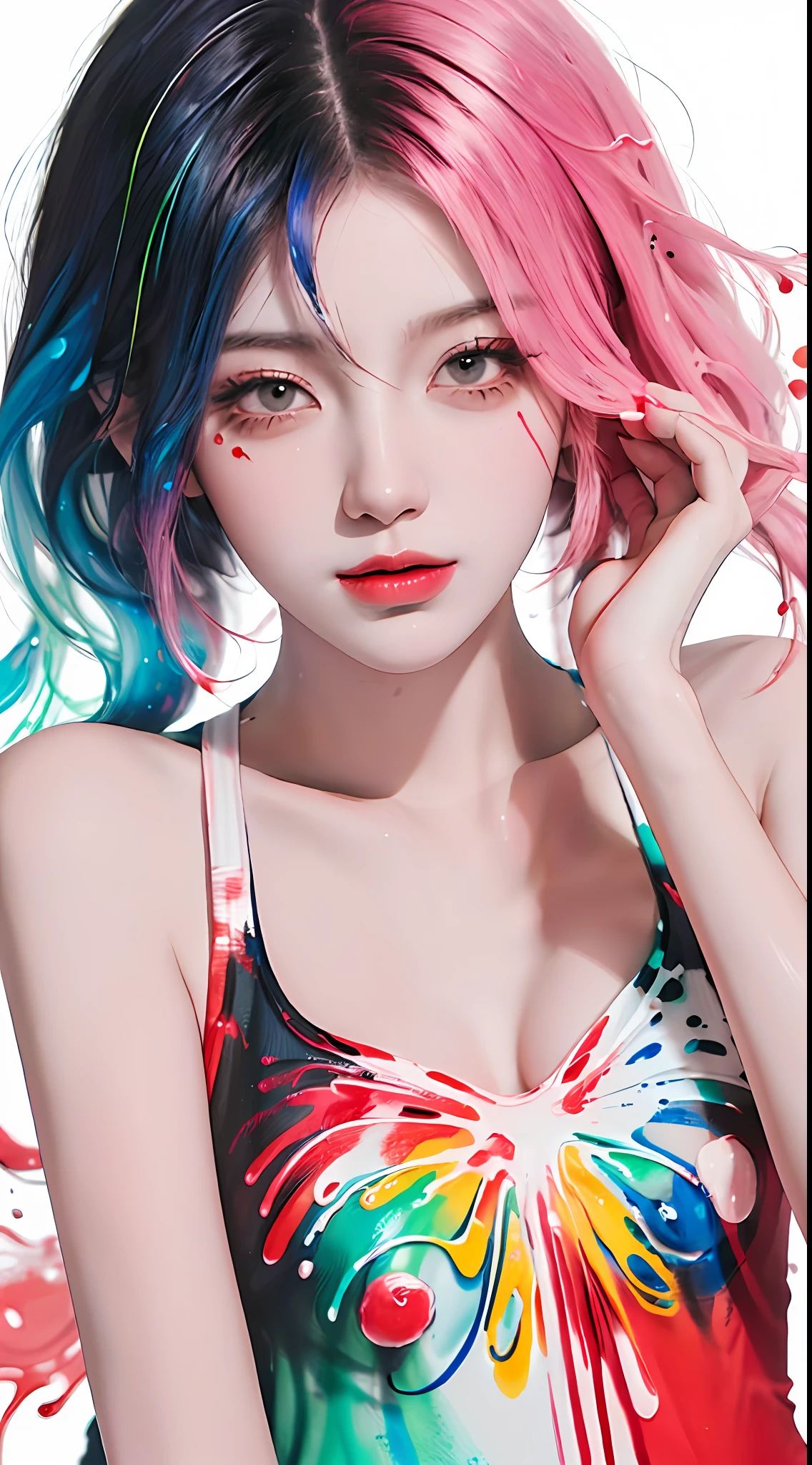 (Masterpiece, Best Quality, High Resolution), White Background, ((Paint Splash, Color Splash, Splash of Ink, Color Splash)), Sweet Chinese Girl, Rainbow Hair, Pink Lips, Front, Body