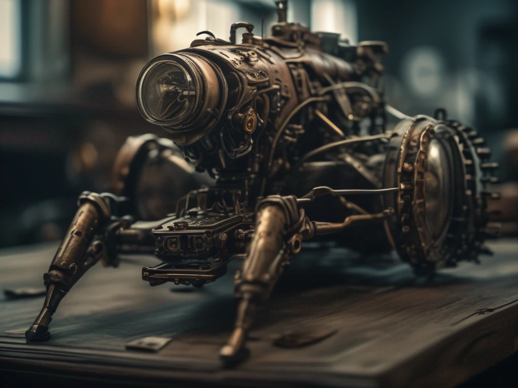Crawling mech, steampunk, morphing car, realistic photography for film shooting + dynamic composition, sharpening, detail + intricate details + professional lighting, film lighting + 35mm + morphing + light room + cinematography + bokeh + lens glare + film grain + HDR10 + 8K + Marcin Nagrappa + Rebecca Mirren