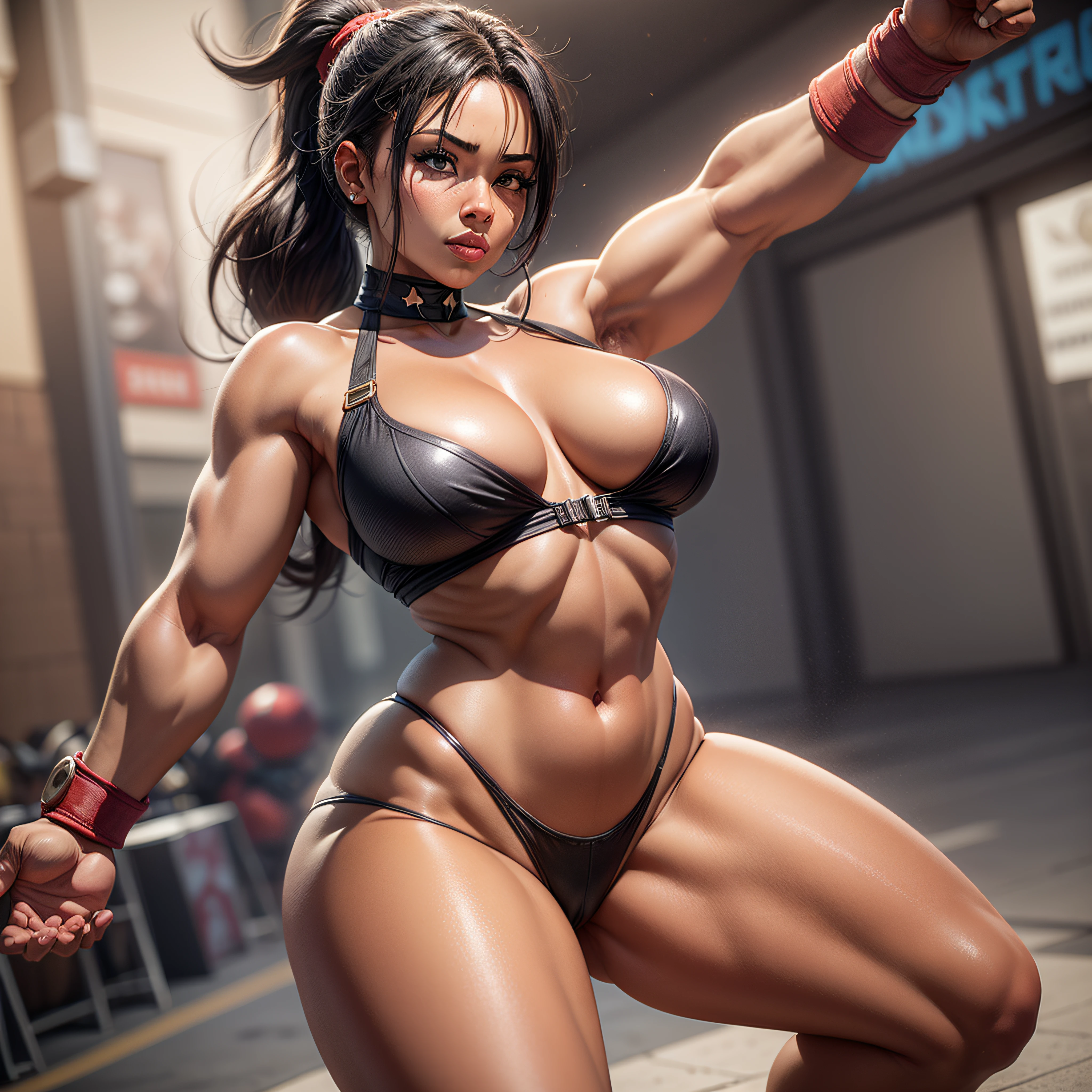 A black American woman with fabulous curves, with naturally formed and secure breasts, for a more voluptuous and attractive bust, thick thighs, performing a ryu shouryuken from street fighter 2, 3d render in 8k, best quality, masterpiece, nikon, realistic light and shadows, 8k, ray tracing, NVIDIA, unreal engine 5