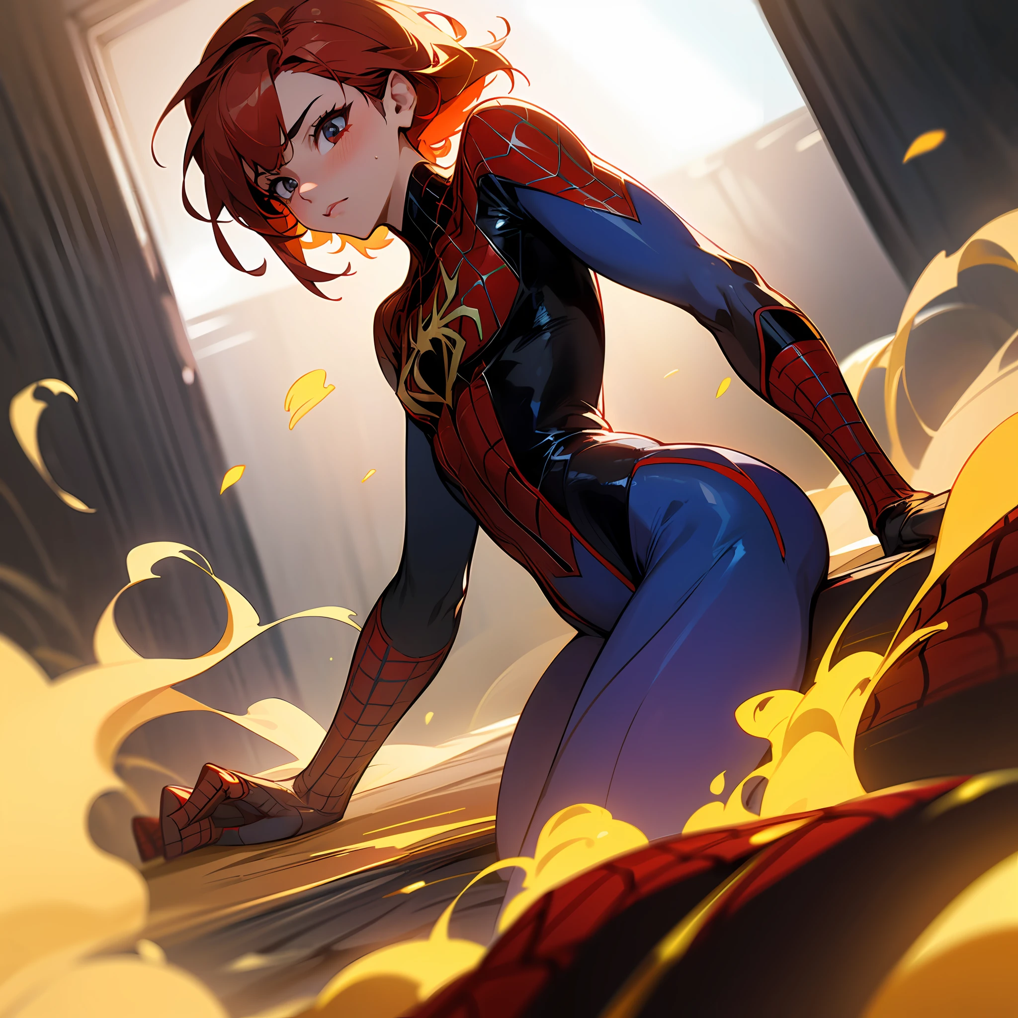 (Extreme Detail CG Unity 8K wallpaper, masterpiece, high quality), (Exquisite lighting and shadow, highly sexy image, cinematic lens effect), a girl in a golden Spider-Man costume, fire red hair color, from the parallel universe of Spider-Man, Wenger, Marvel, Spider-Man, lying in bed, dynamic pose), (excellent detail, excellent lighting, wide angle), (excellent rendering, enough to stand out in its class),  focus on short and golden Spider-Man costumes, complex spider textures, big ass, defined body.