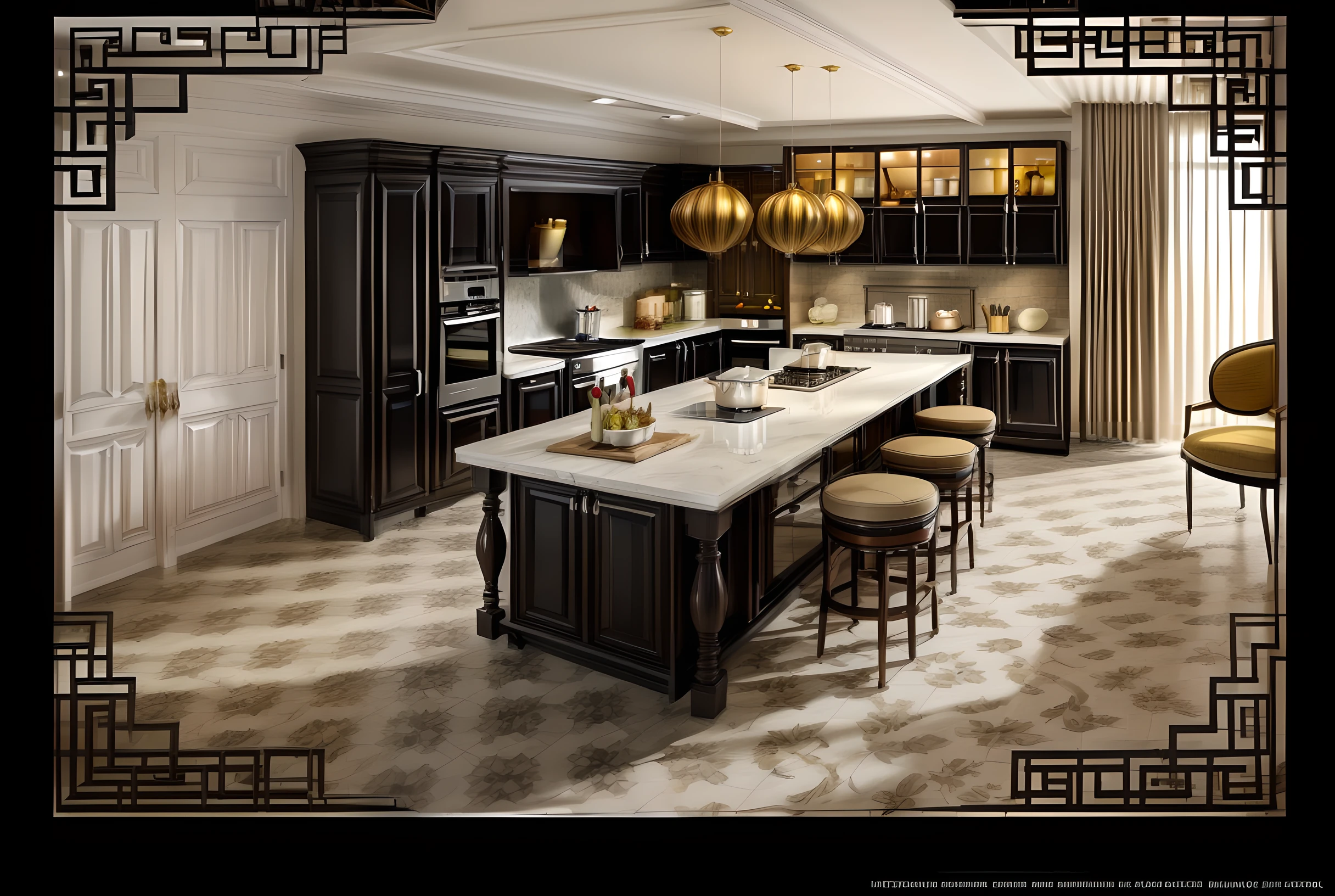 (indochina design kitchen and eating space:1.3), (full black funiture :1.3) (photo realisstic:1.2), (supper detail:1.2), indochina style of 1 chair, indochina style of cabinet, indoor, whiten light, indochina style dining chair made from wood and rattan, The floor is paved with cement tiles in the oriental style, The ceiling molding system is in the style of Indochinese style furniture, cinematic lighting