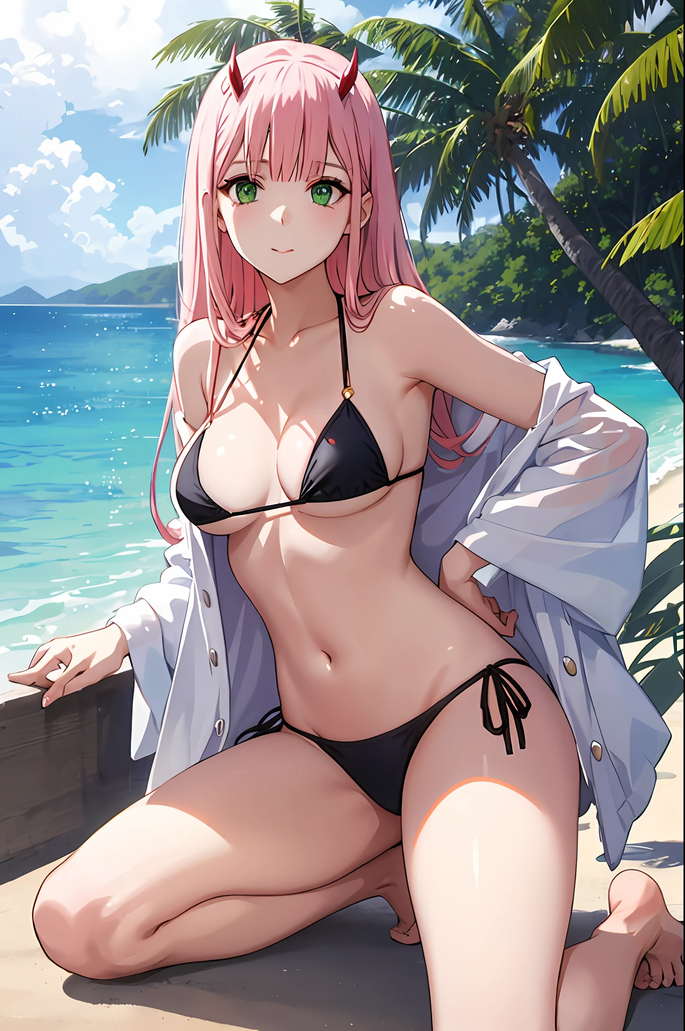 zero two, side tie bikini, medium breast, slim legs, sunny day, Beach, leaning, beautiful eyes, green eyes, nervous