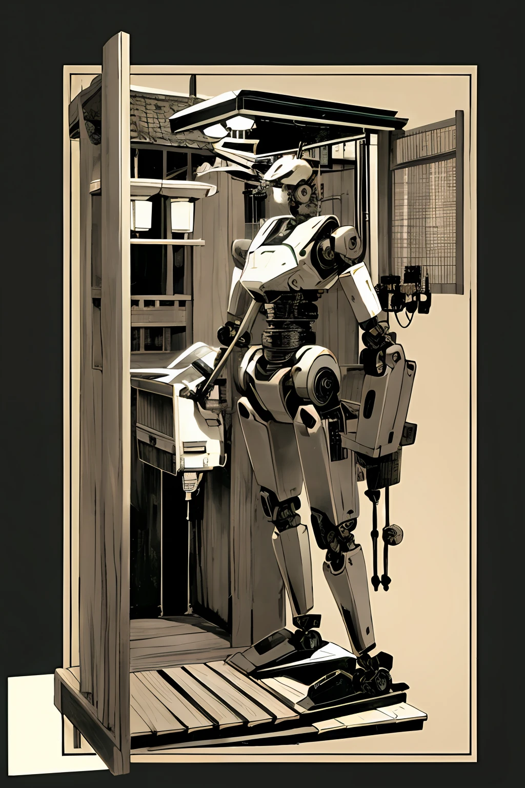 Black and white, Reiwa background, Showa background, Karakuri robot, material, wood, high image quality, delicate machinery, detailed robot, Edo period background